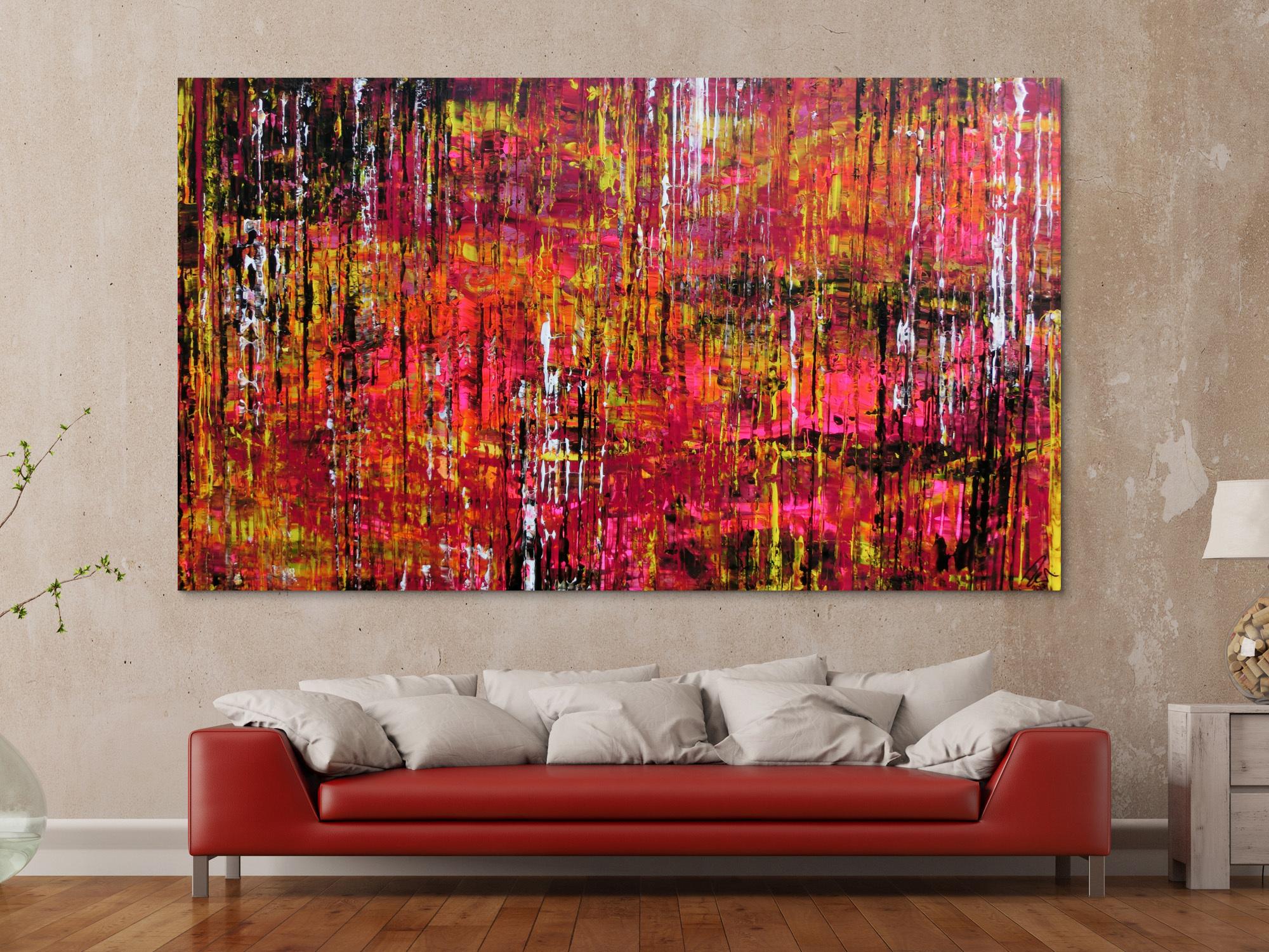 Abstraktes Acrylbild Spachteltechnik sehr groß modern in schwarz pink gelb weiß
