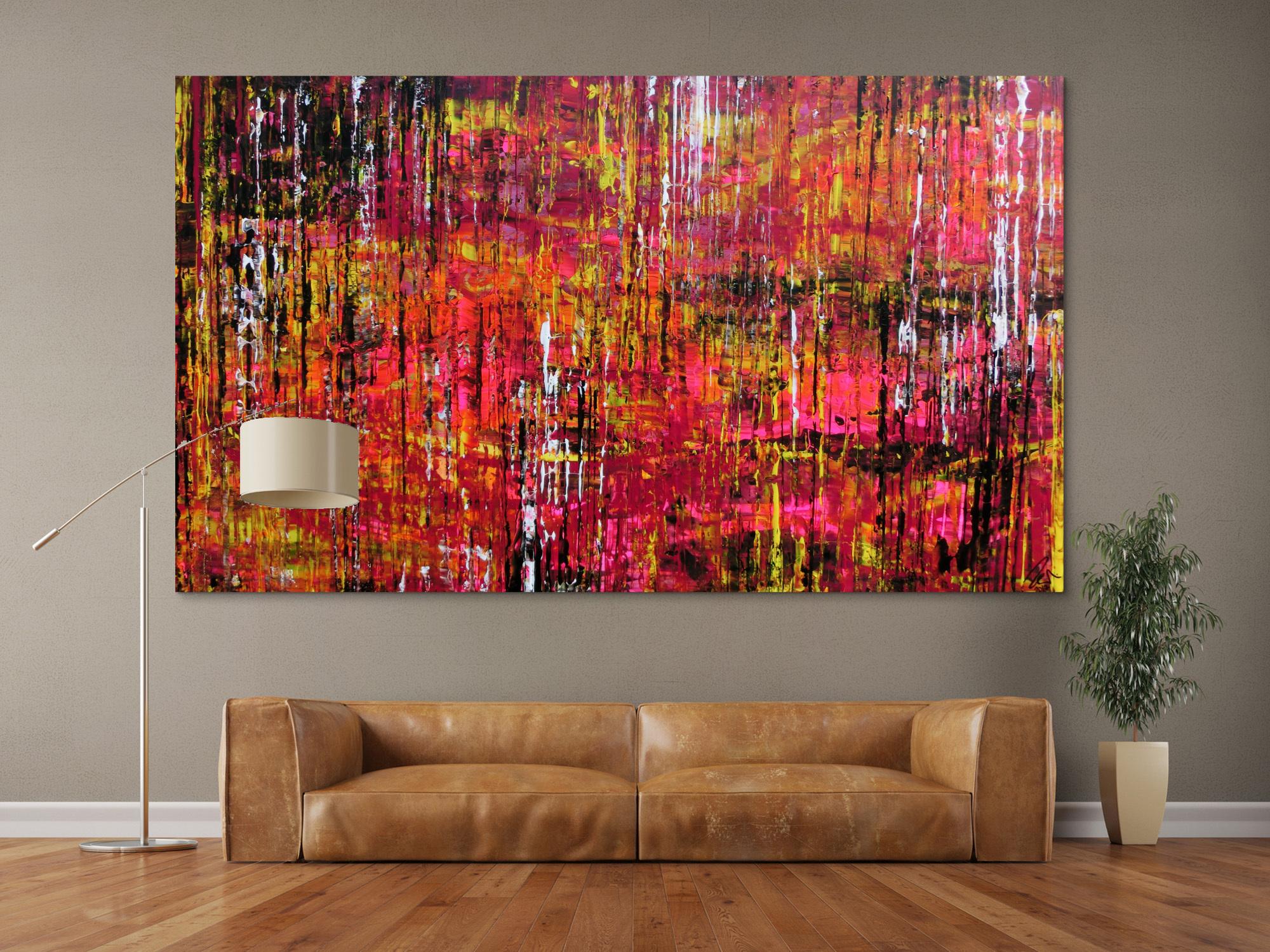 Abstraktes Acrylbild Spachteltechnik sehr groß modern in schwarz pink gelb weiß