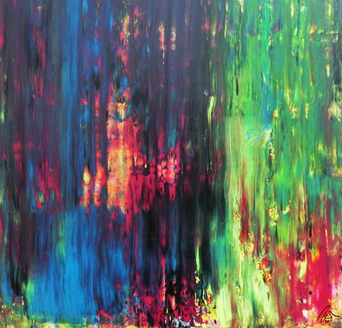 Abstraktes Gemälde sehr bunt in Spachteltechnik quadratisch modern mit vielen Faben