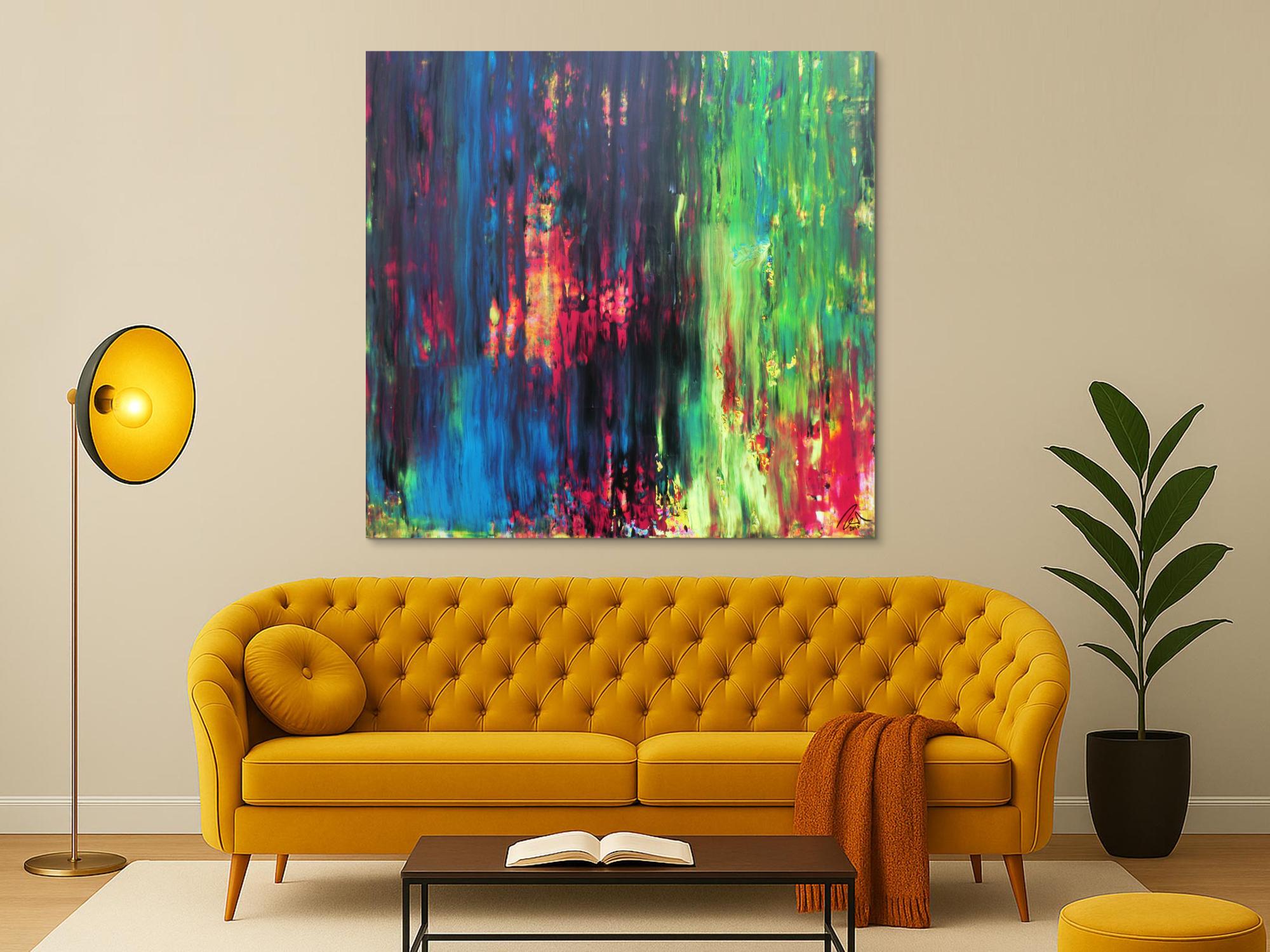 Abstraktes Gemälde sehr bunt in Spachteltechnik quadratisch modern mit vielen Faben