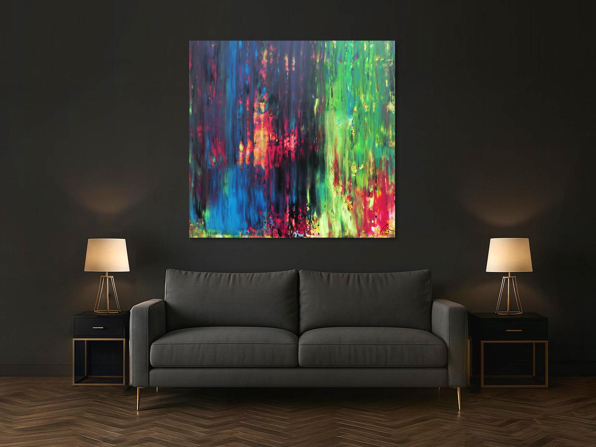 Abstraktes Gemälde sehr bunt in Spachteltechnik quadratisch modern mit vielen Faben