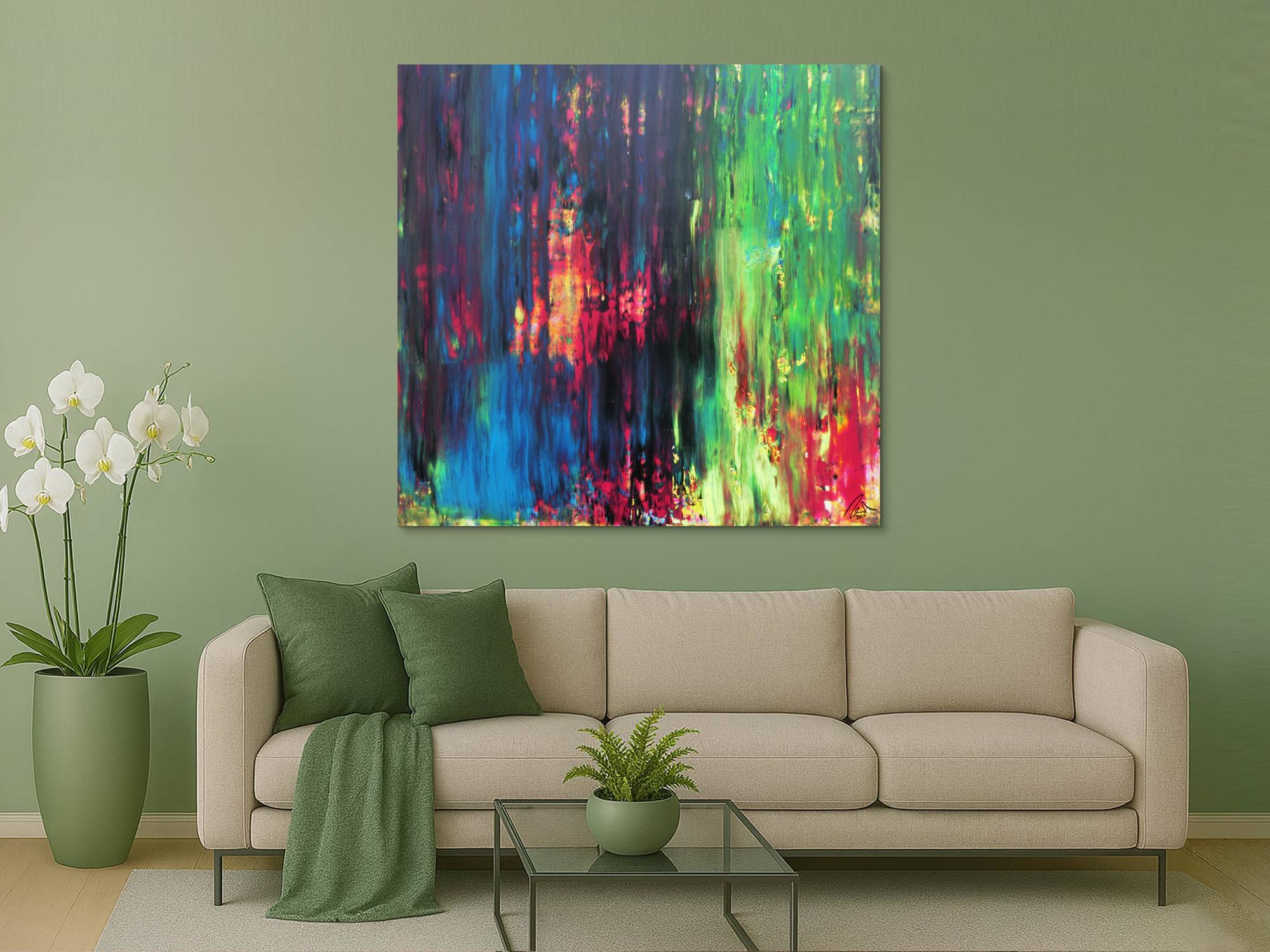 Abstraktes Gemälde sehr bunt in Spachteltechnik quadratisch modern mit vielen Faben