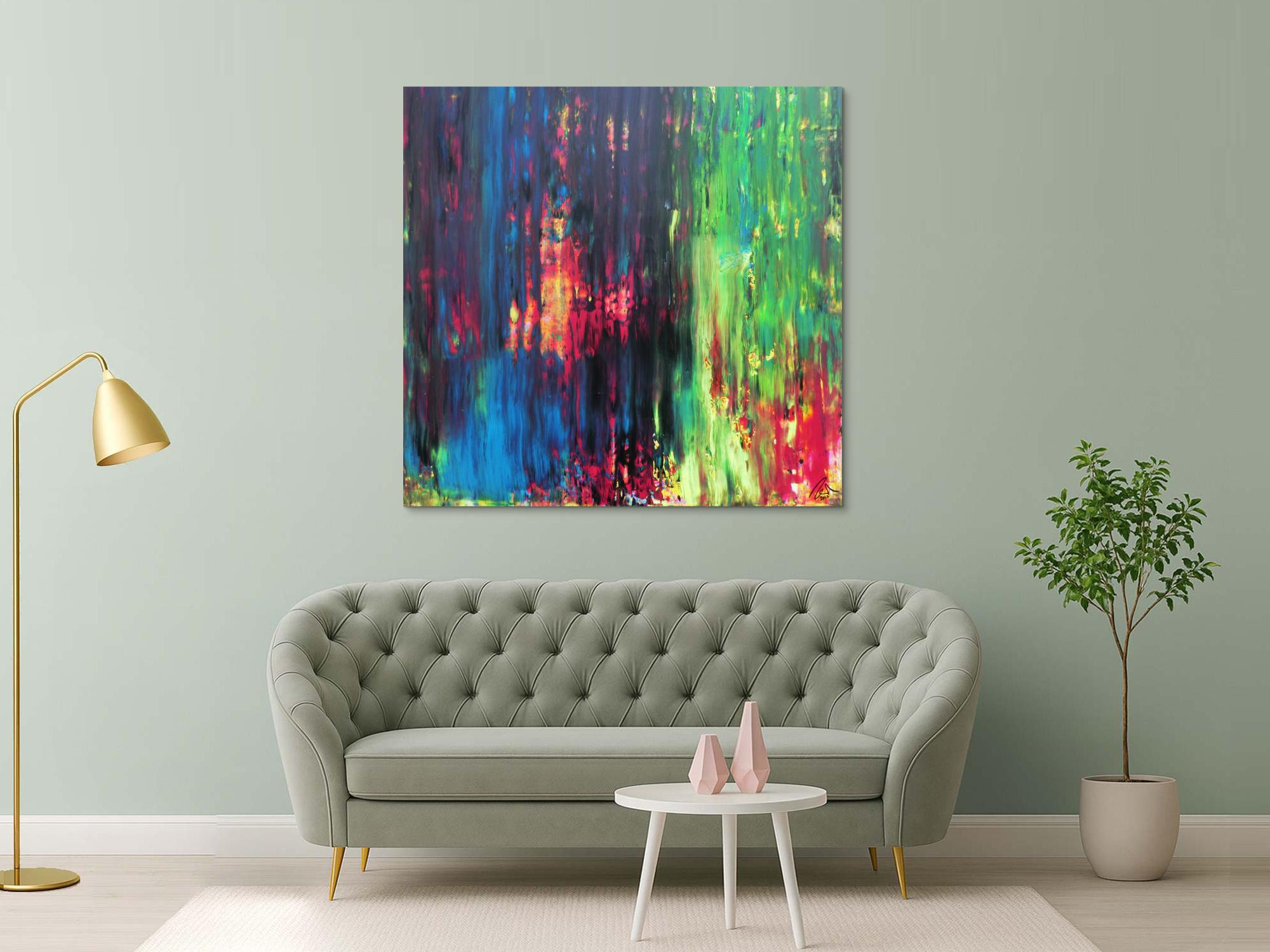 Abstraktes Gemälde sehr bunt in Spachteltechnik quadratisch modern mit vielen Faben