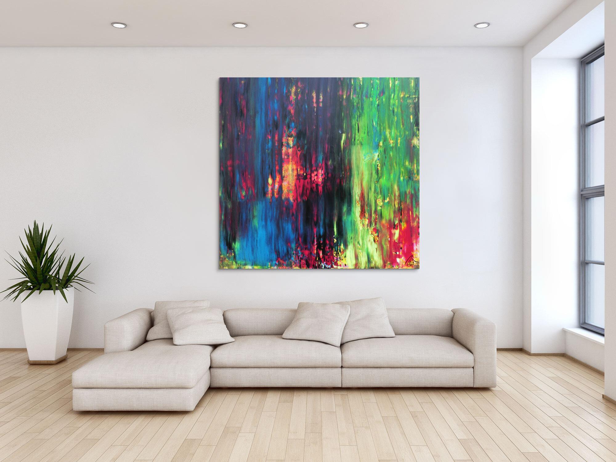 Abstraktes Gemälde sehr bunt in Spachteltechnik quadratisch modern mit vielen Faben