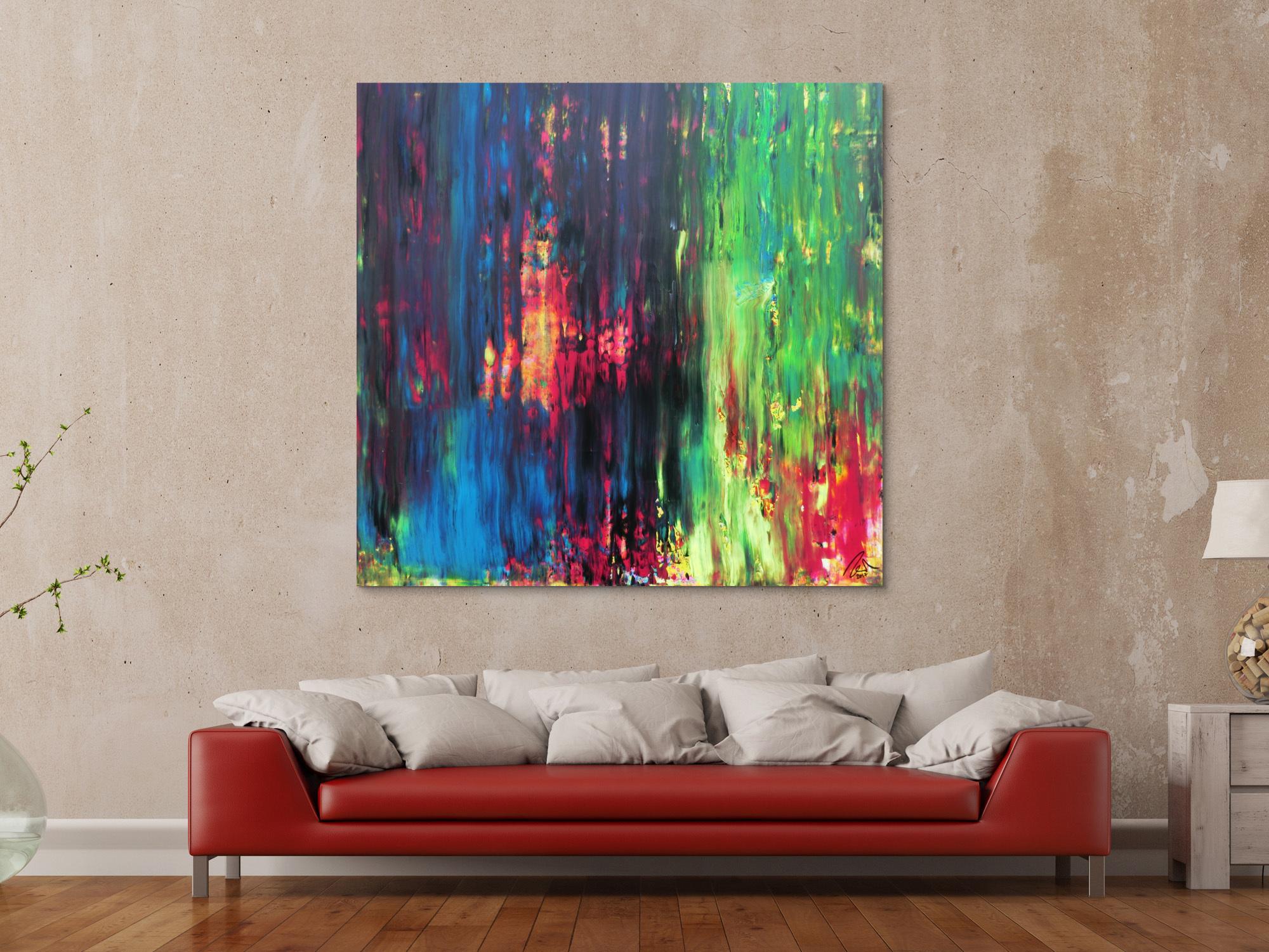 Abstraktes Gemälde sehr bunt in Spachteltechnik quadratisch modern mit vielen Faben