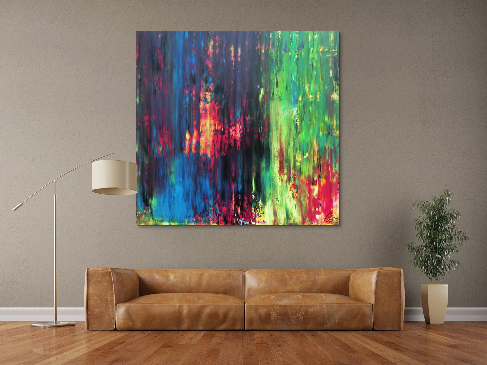 Abstraktes Gemälde sehr bunt in Spachteltechnik quadratisch modern mit vielen Faben