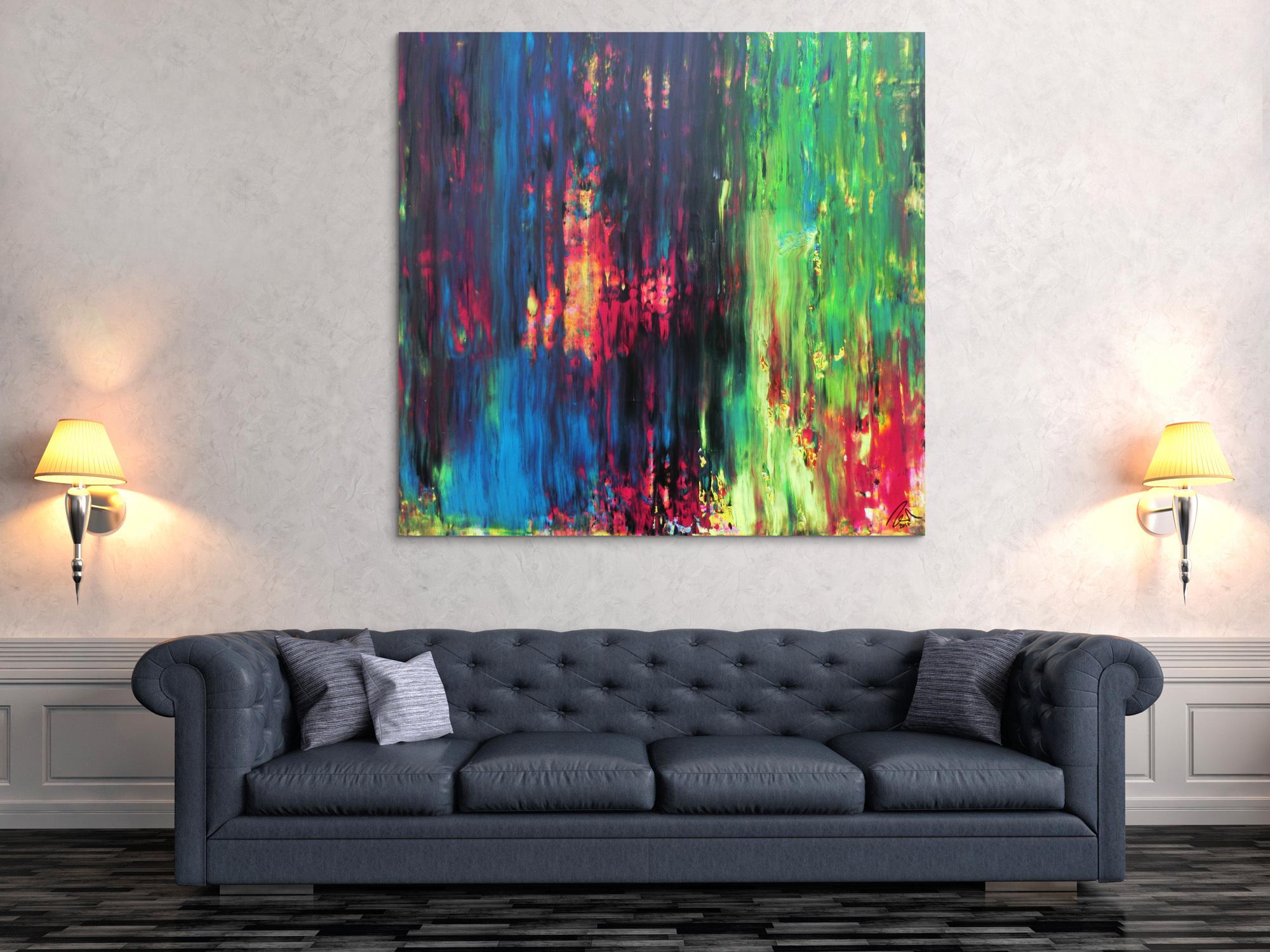 Abstraktes Gemälde sehr bunt in Spachteltechnik quadratisch modern mit vielen Faben