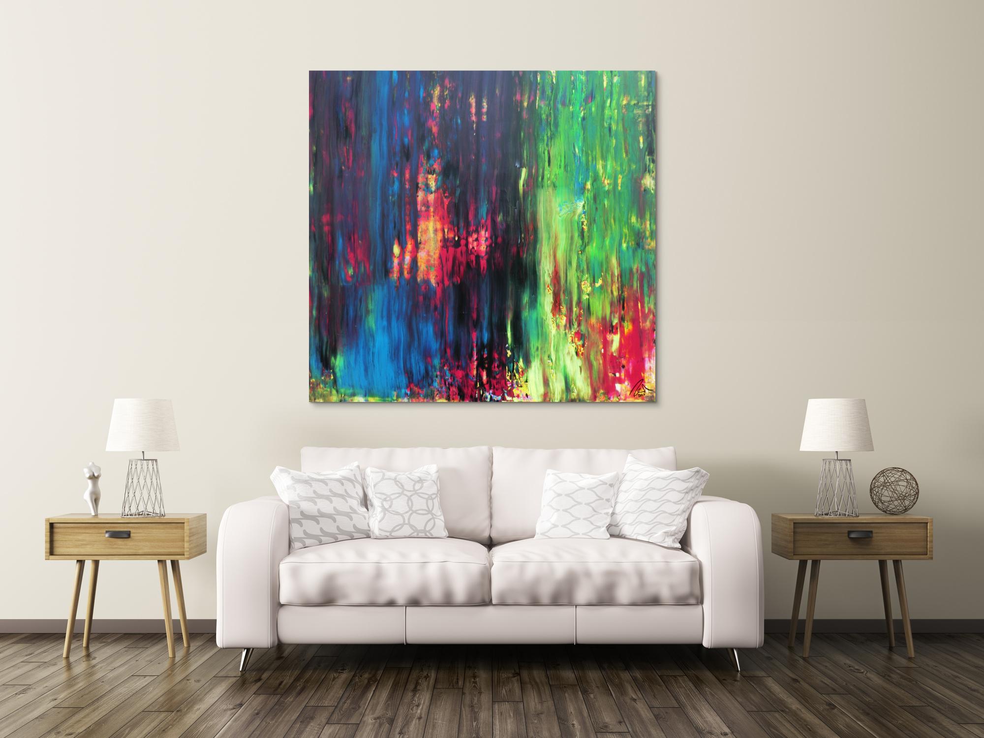 Abstraktes Gemälde sehr bunt in Spachteltechnik quadratisch modern mit vielen Faben