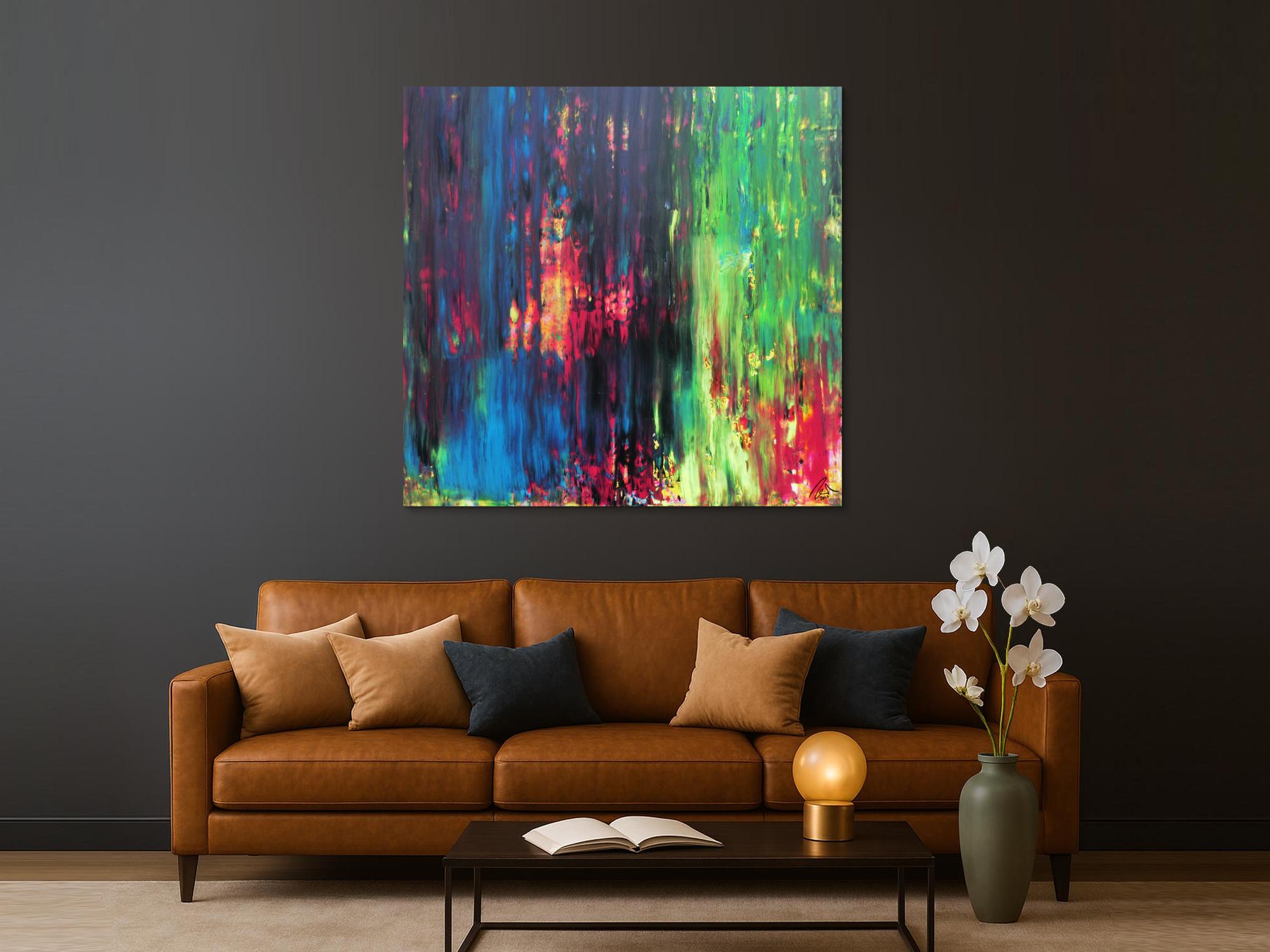 Abstraktes Gemälde sehr bunt in Spachteltechnik quadratisch modern mit vielen Faben