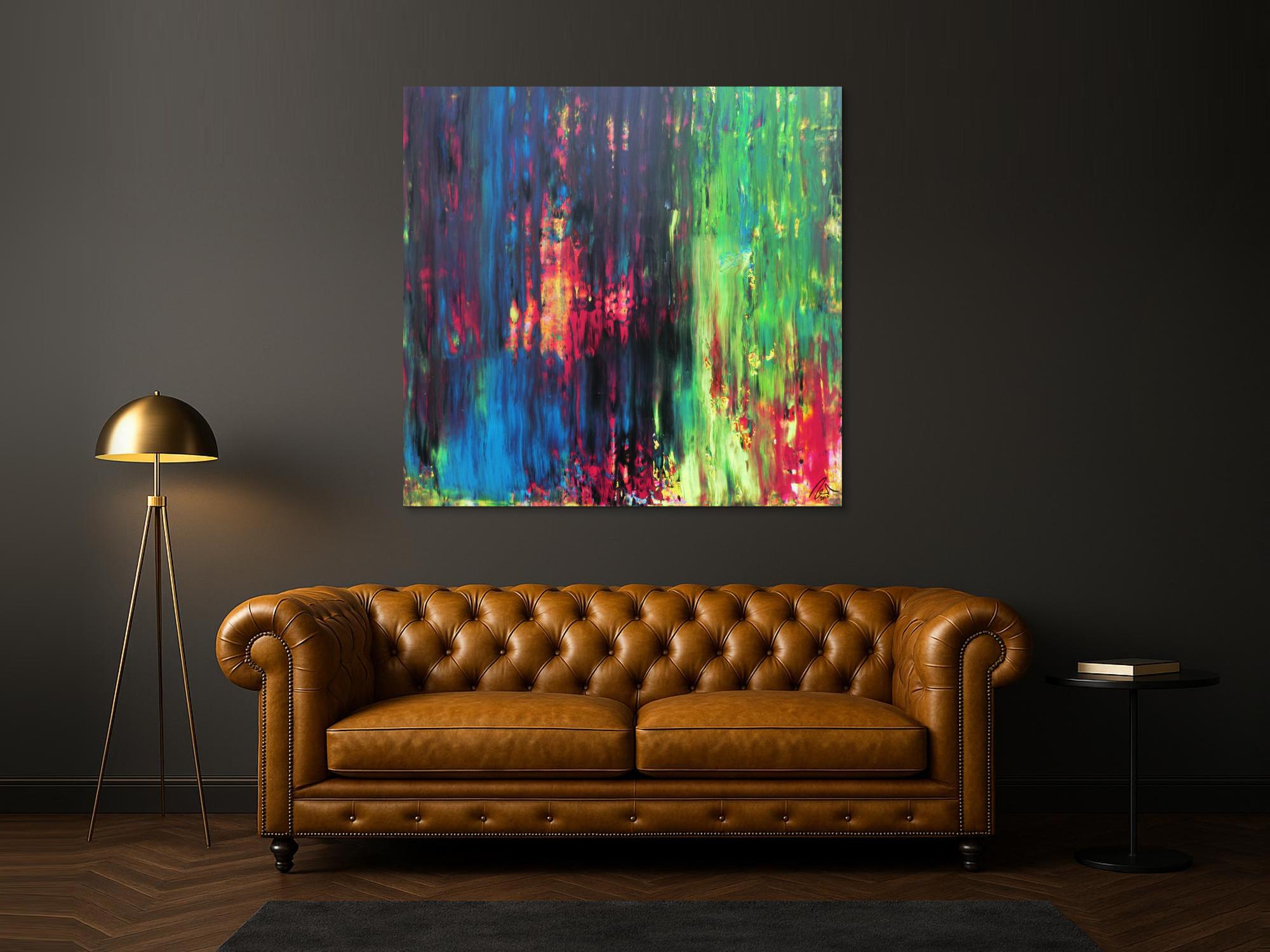 Abstraktes Gemälde sehr bunt in Spachteltechnik quadratisch modern mit vielen Faben