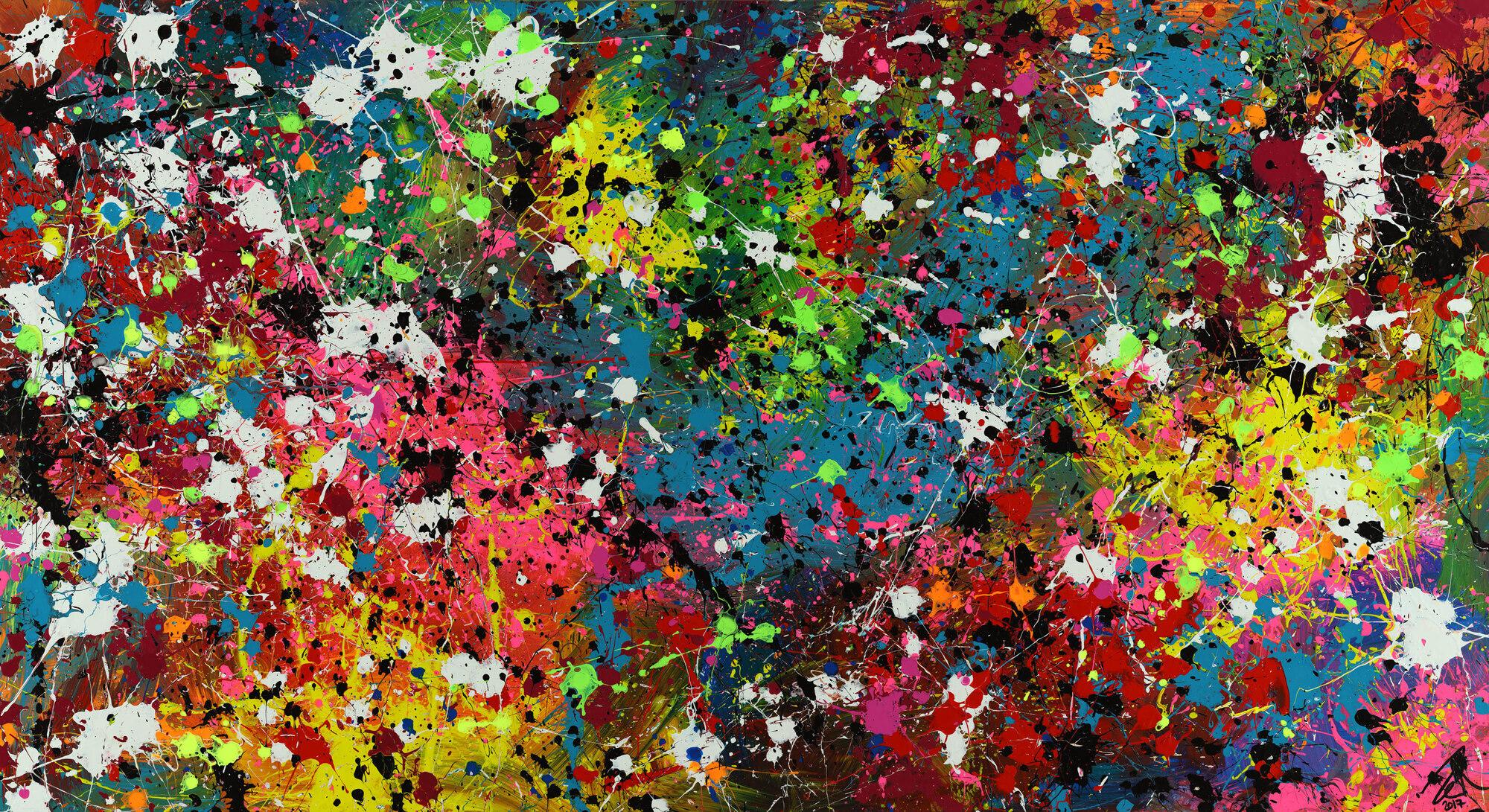 Abstraktes Acrylbild Actionpainting sehr bunt modern mit vielen Farben und Neonfarben