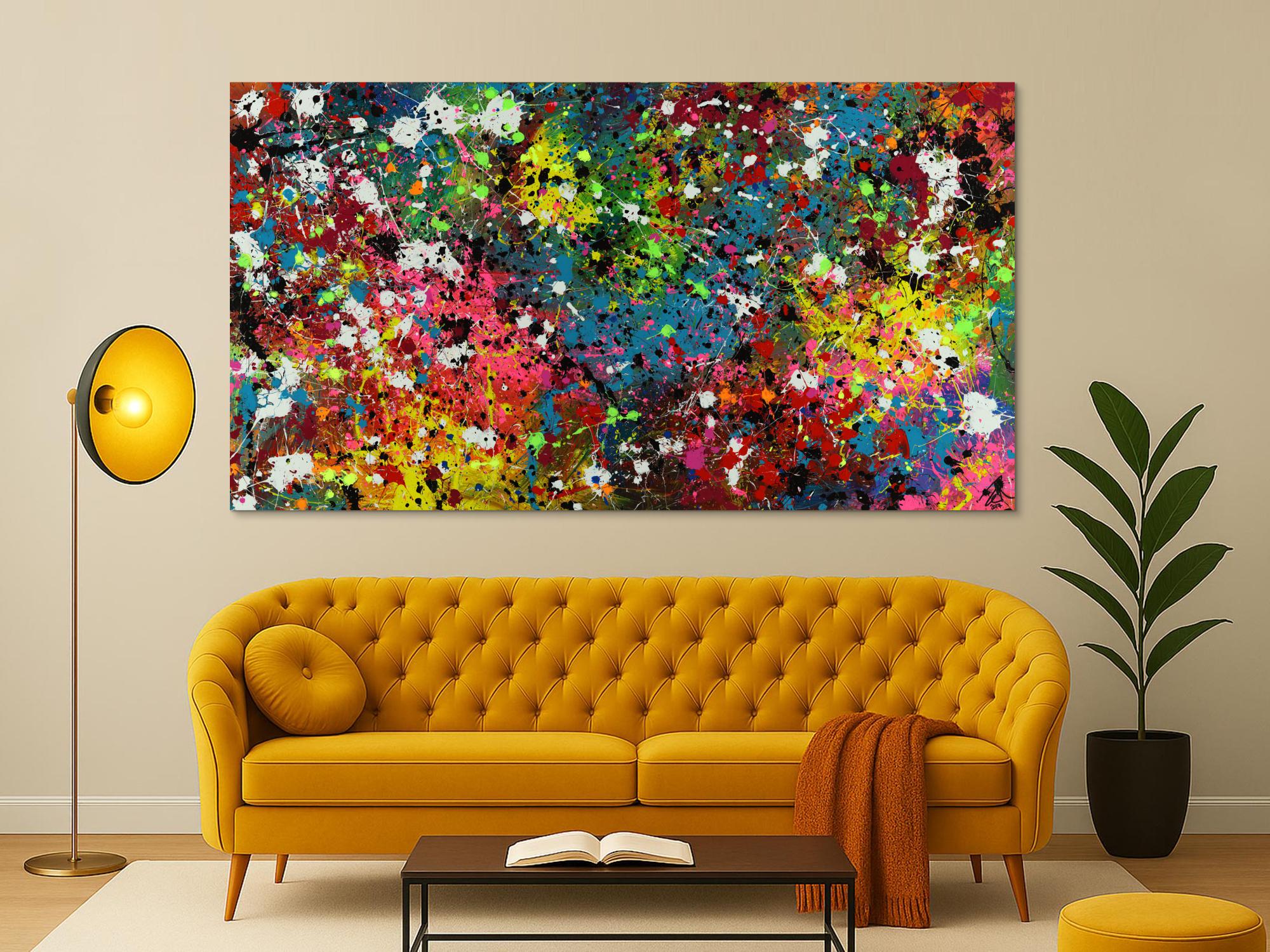 Abstraktes Acrylbild Actionpainting sehr bunt modern mit vielen Farben und Neonfarben