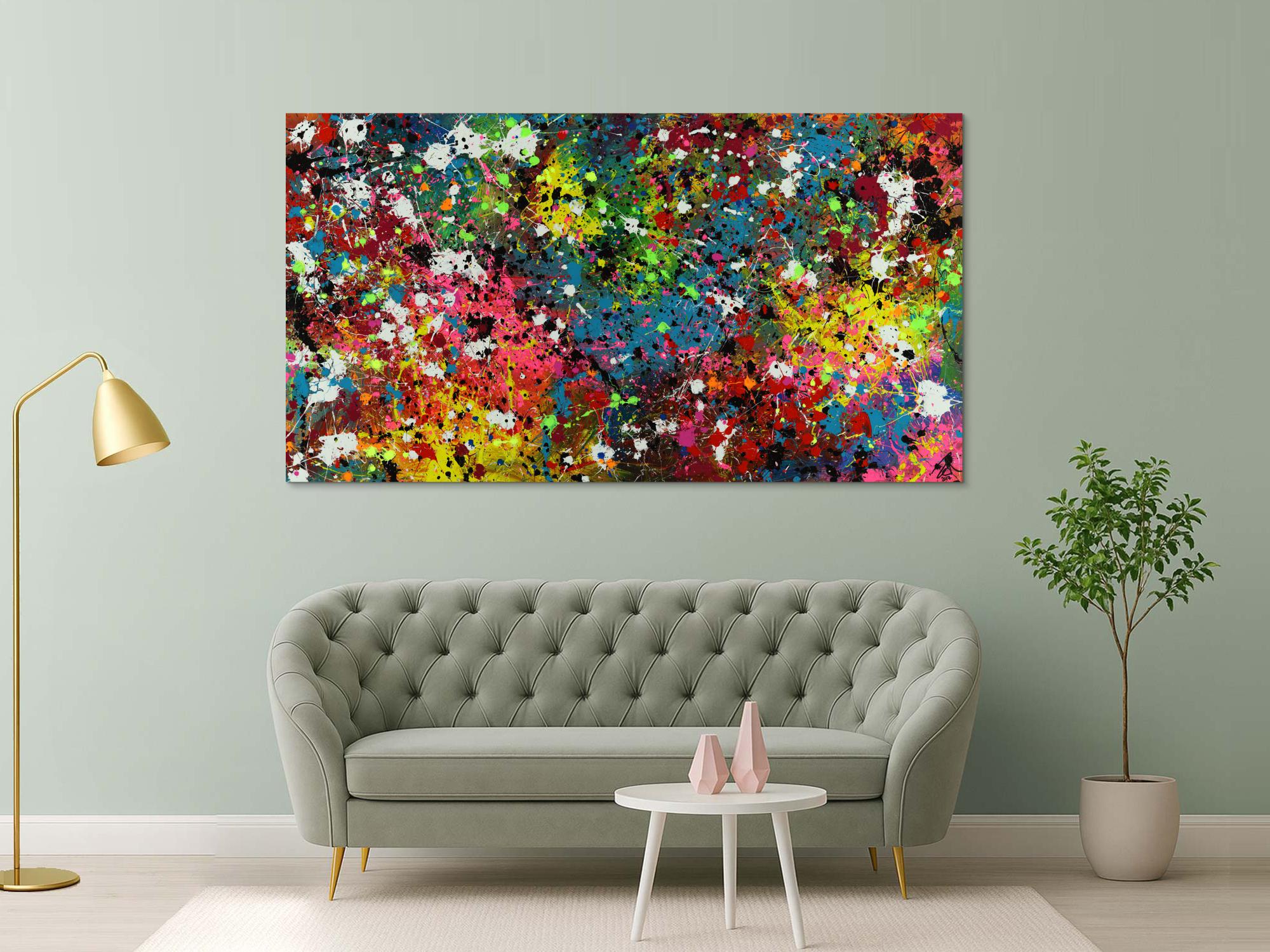 Abstraktes Acrylbild Actionpainting sehr bunt modern mit vielen Farben und Neonfarben