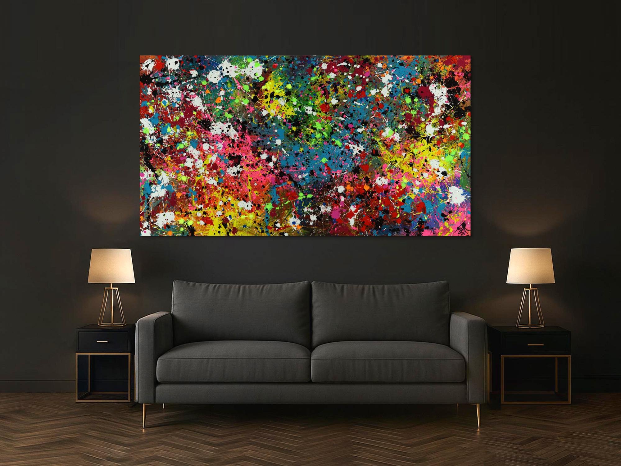 Abstraktes Acrylbild Actionpainting sehr bunt modern mit vielen Farben und Neonfarben