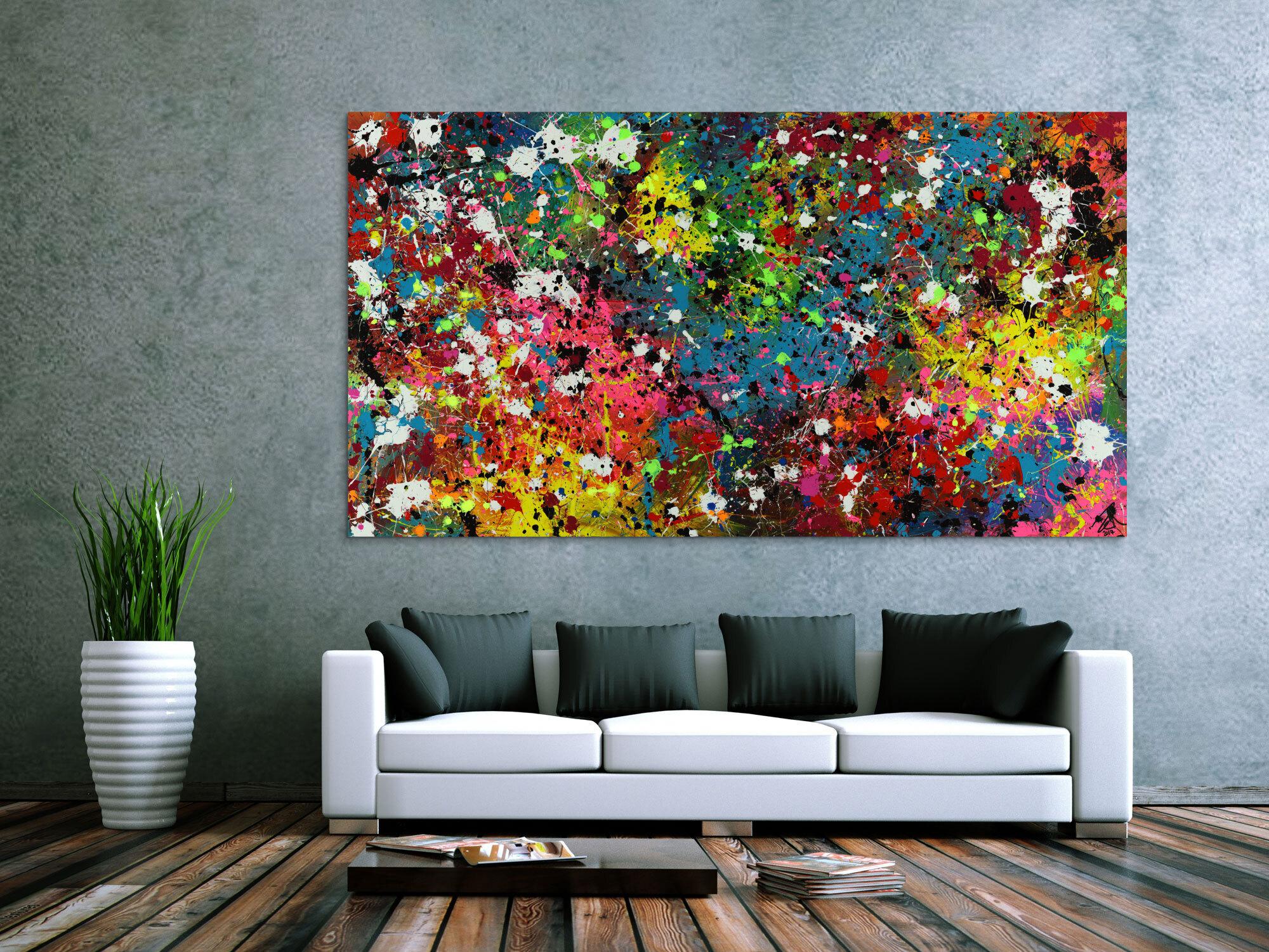 Abstraktes Acrylbild Actionpainting sehr bunt modern mit vielen Farben und Neonfarben