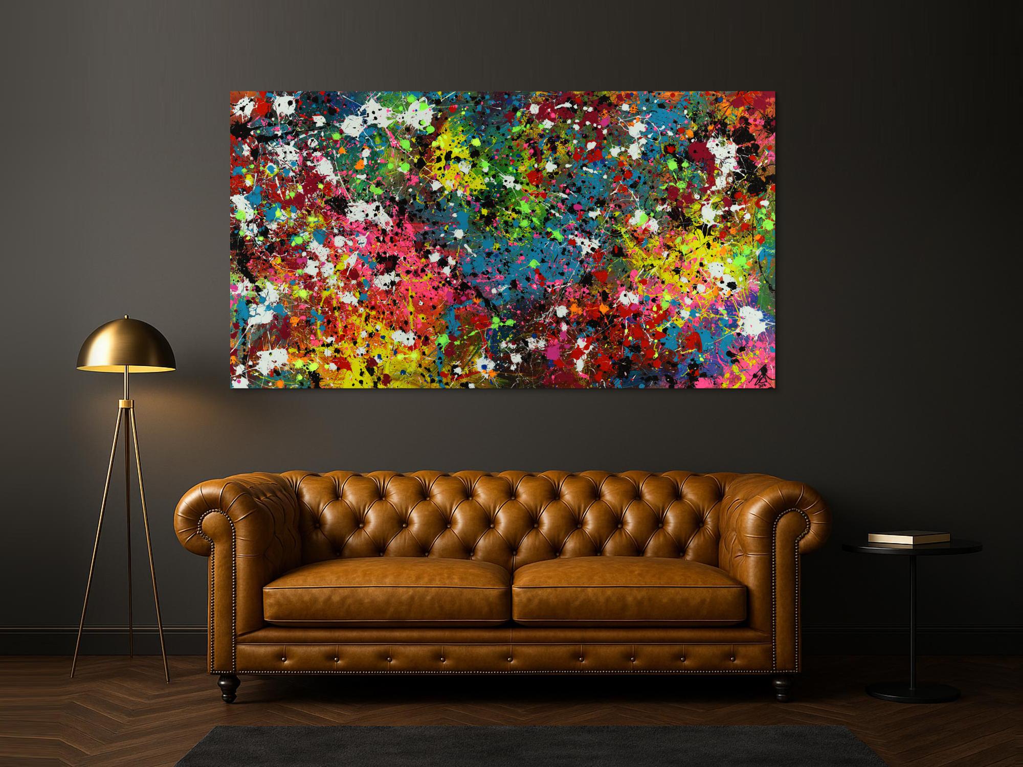 Abstraktes Acrylbild Actionpainting sehr bunt modern mit vielen Farben und Neonfarben