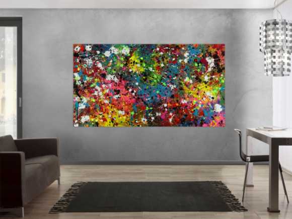 Abstraktes Acrylbild Actionpainting sehr bunt modern mit vielen Farben und Neonfarben