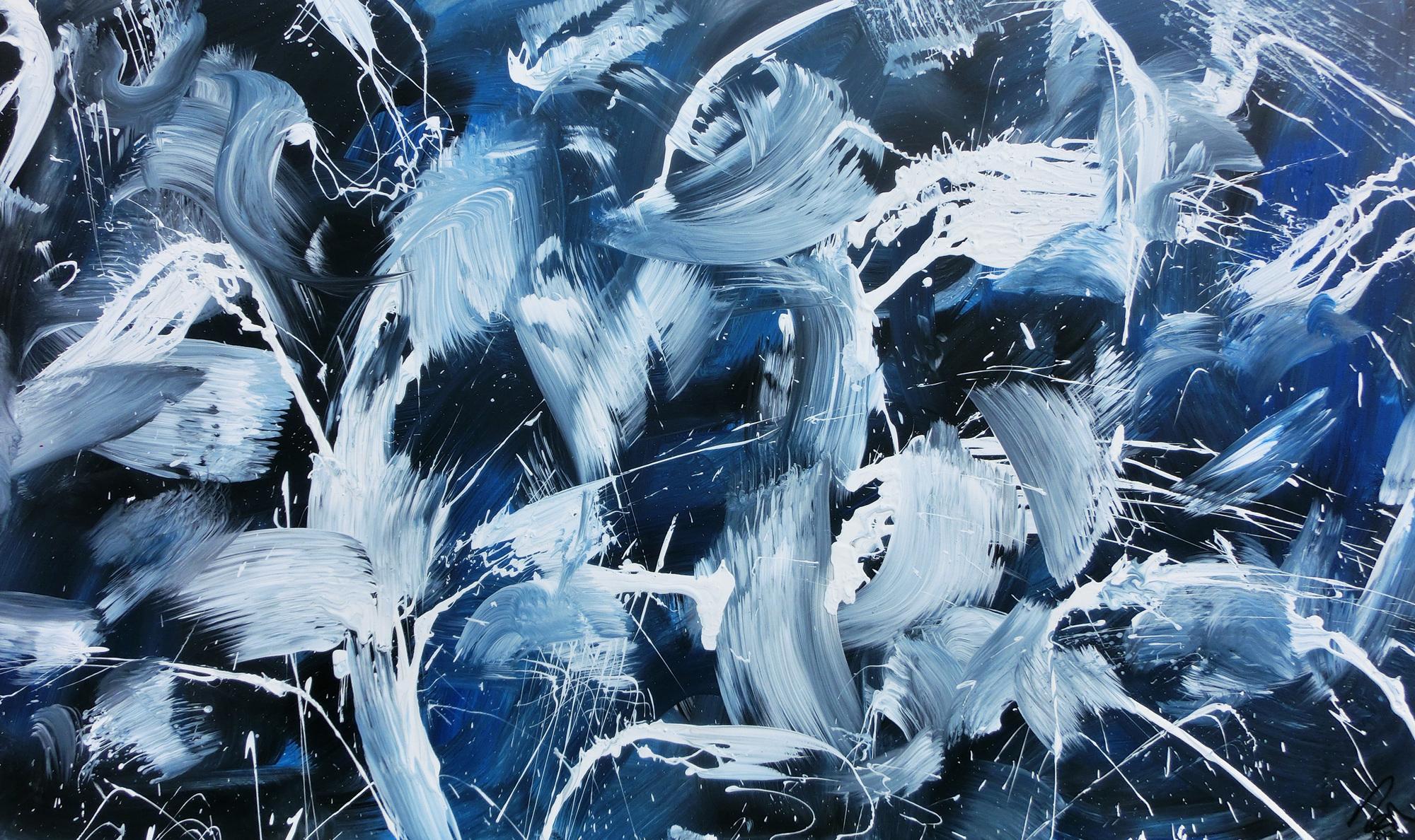 Modernes Abstraktes Acrylbild Actionpainting dunkelblau und weiß sehr groß