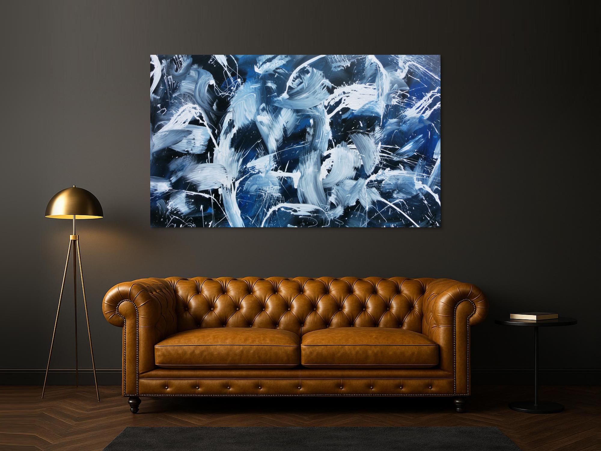 Modernes Abstraktes Acrylbild Actionpainting dunkelblau und weiß sehr groß