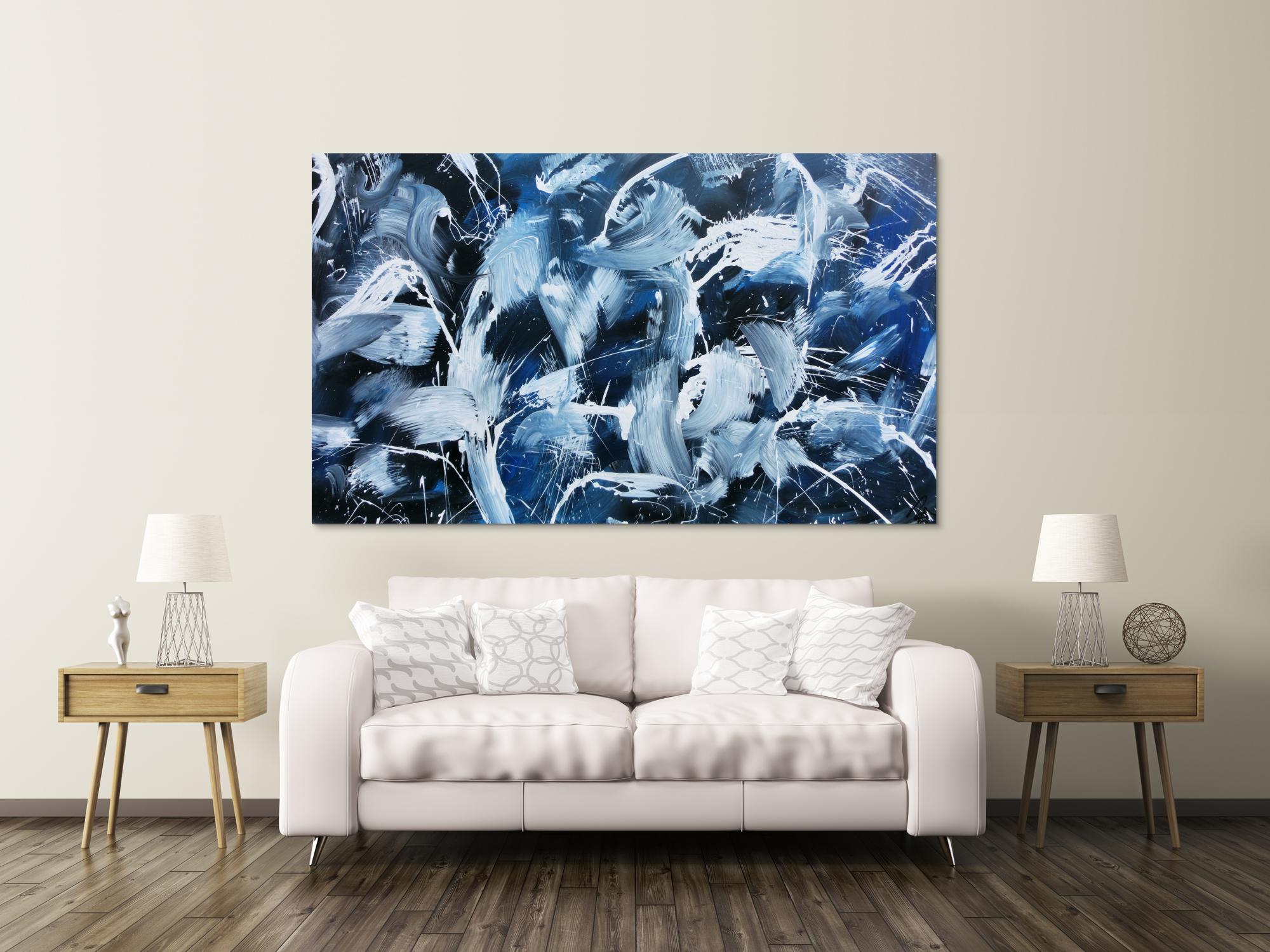 Modernes Abstraktes Acrylbild Actionpainting dunkelblau und weiß sehr groß