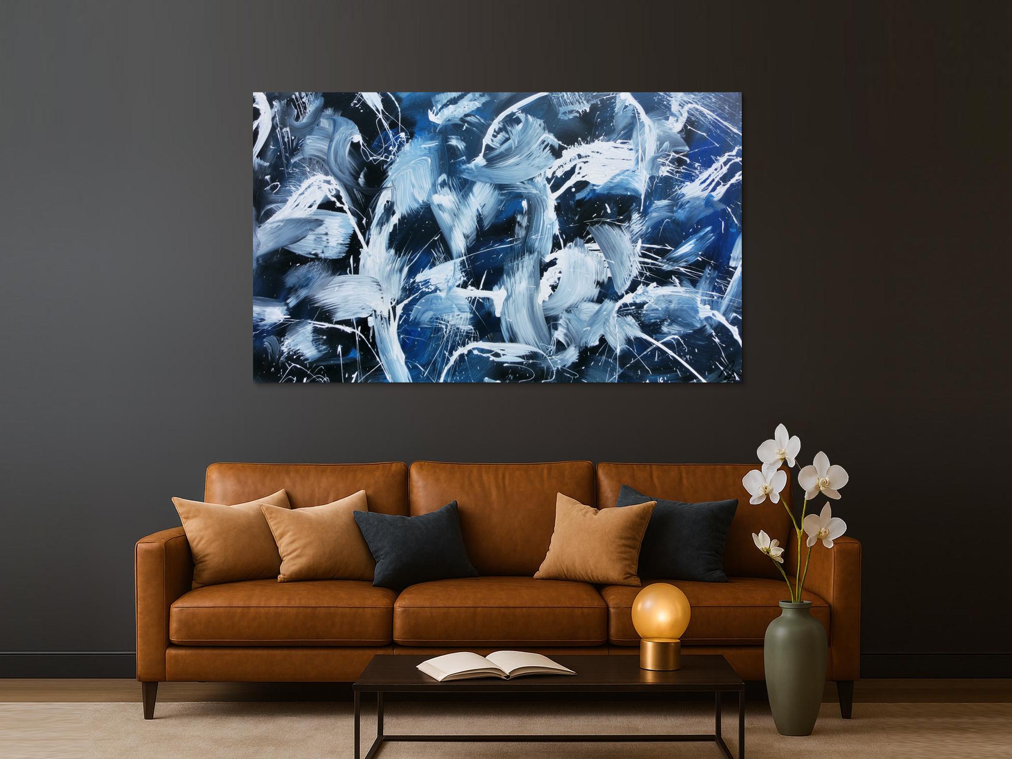 Modernes Abstraktes Acrylbild Actionpainting dunkelblau und weiß sehr groß