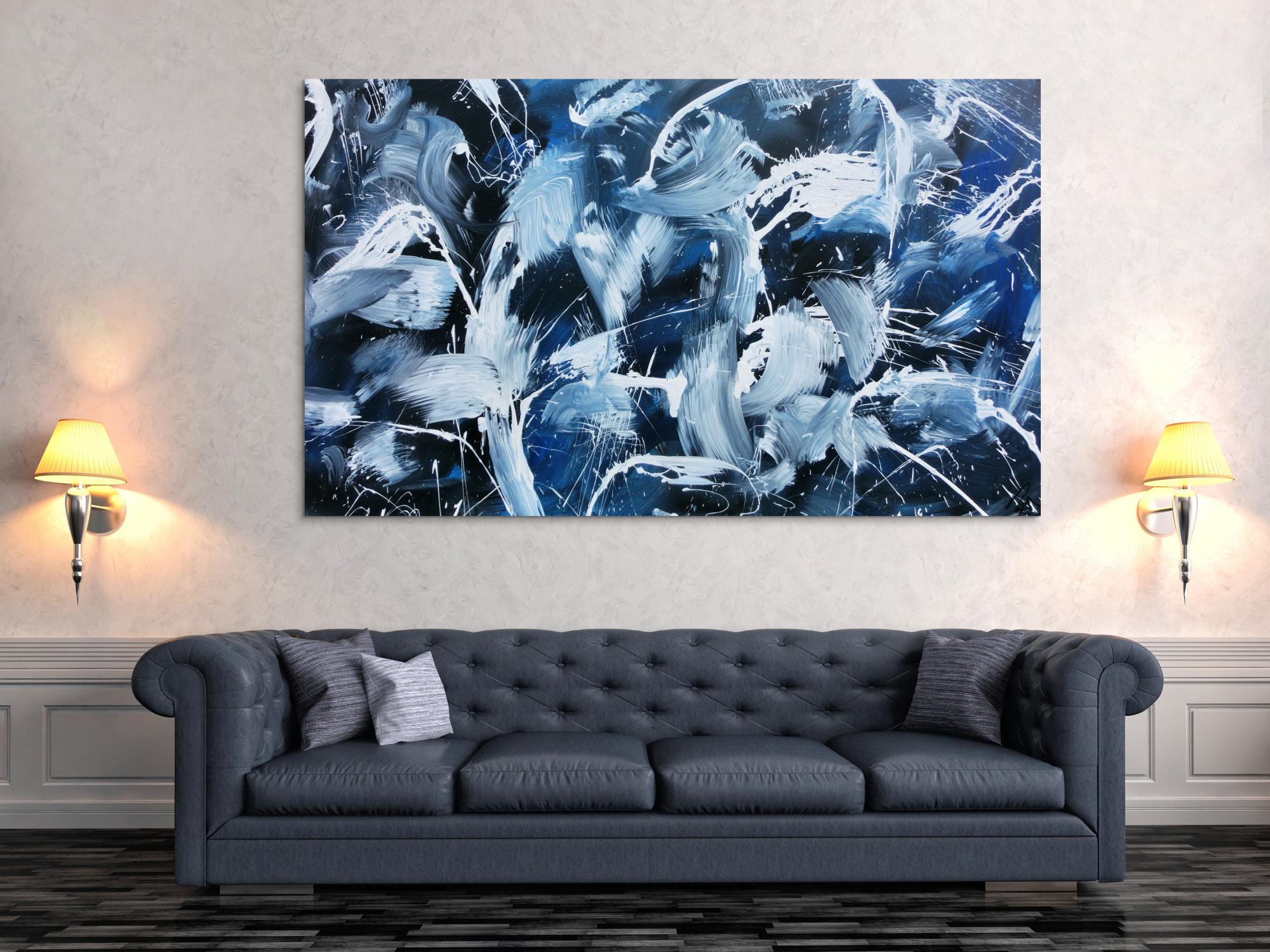 Modernes Abstraktes Acrylbild Actionpainting dunkelblau und weiß sehr groß
