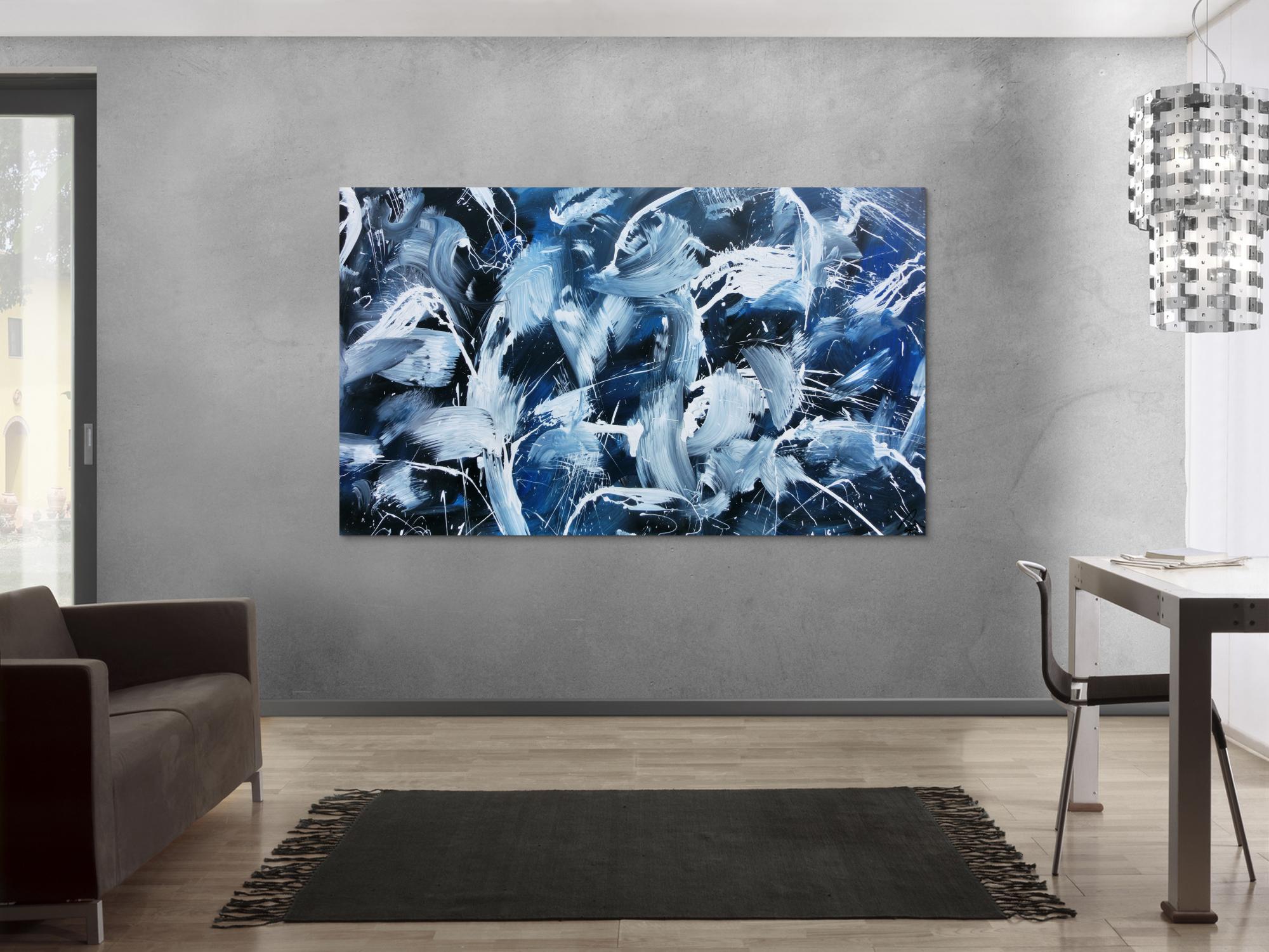 Modernes Abstraktes Acrylbild Actionpainting dunkelblau und weiß sehr groß