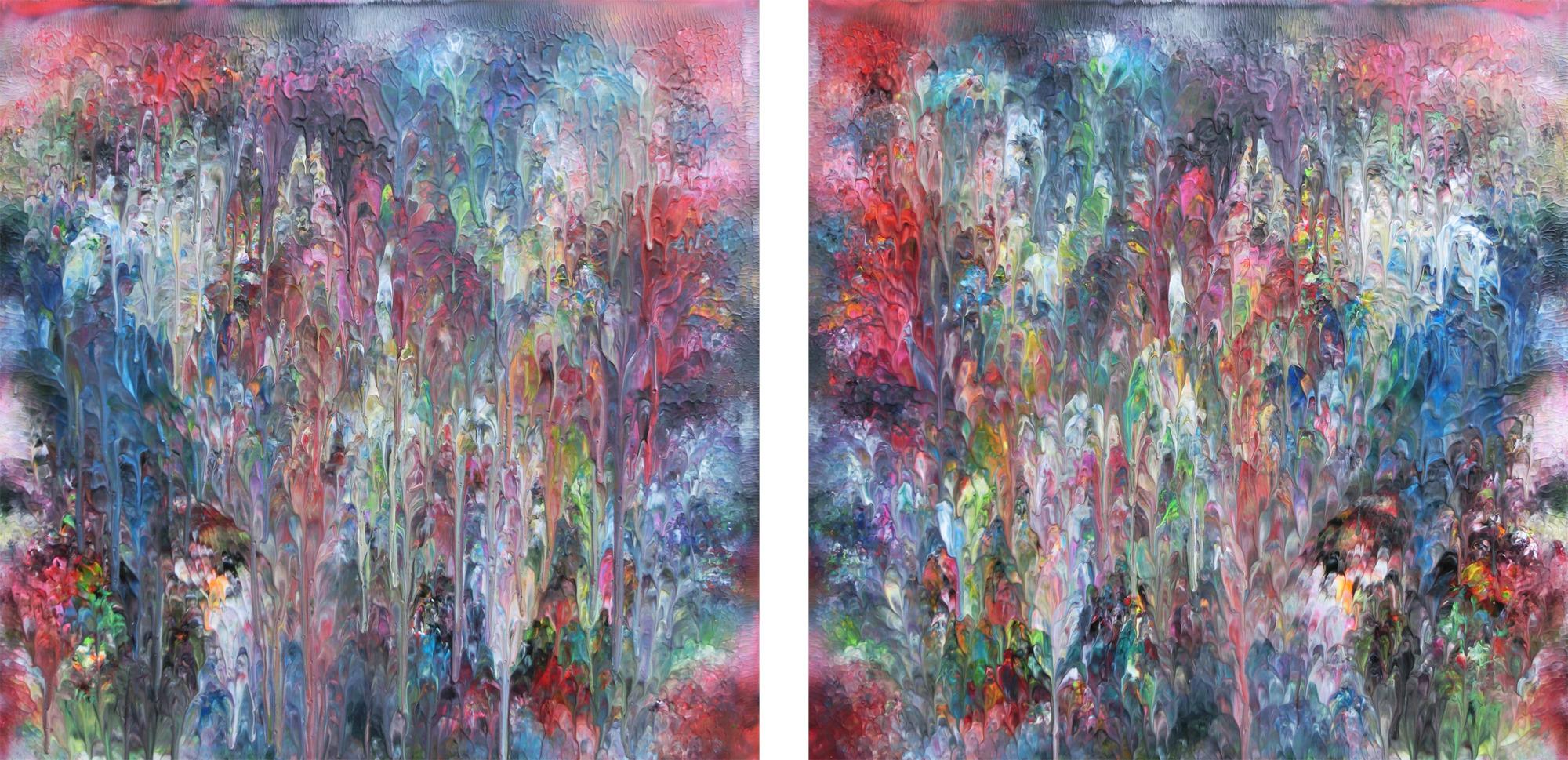 Abstraktes Acrylbild Diptychon bunt sehr modern in Fließtechnmit mit hellen Pastellfarben