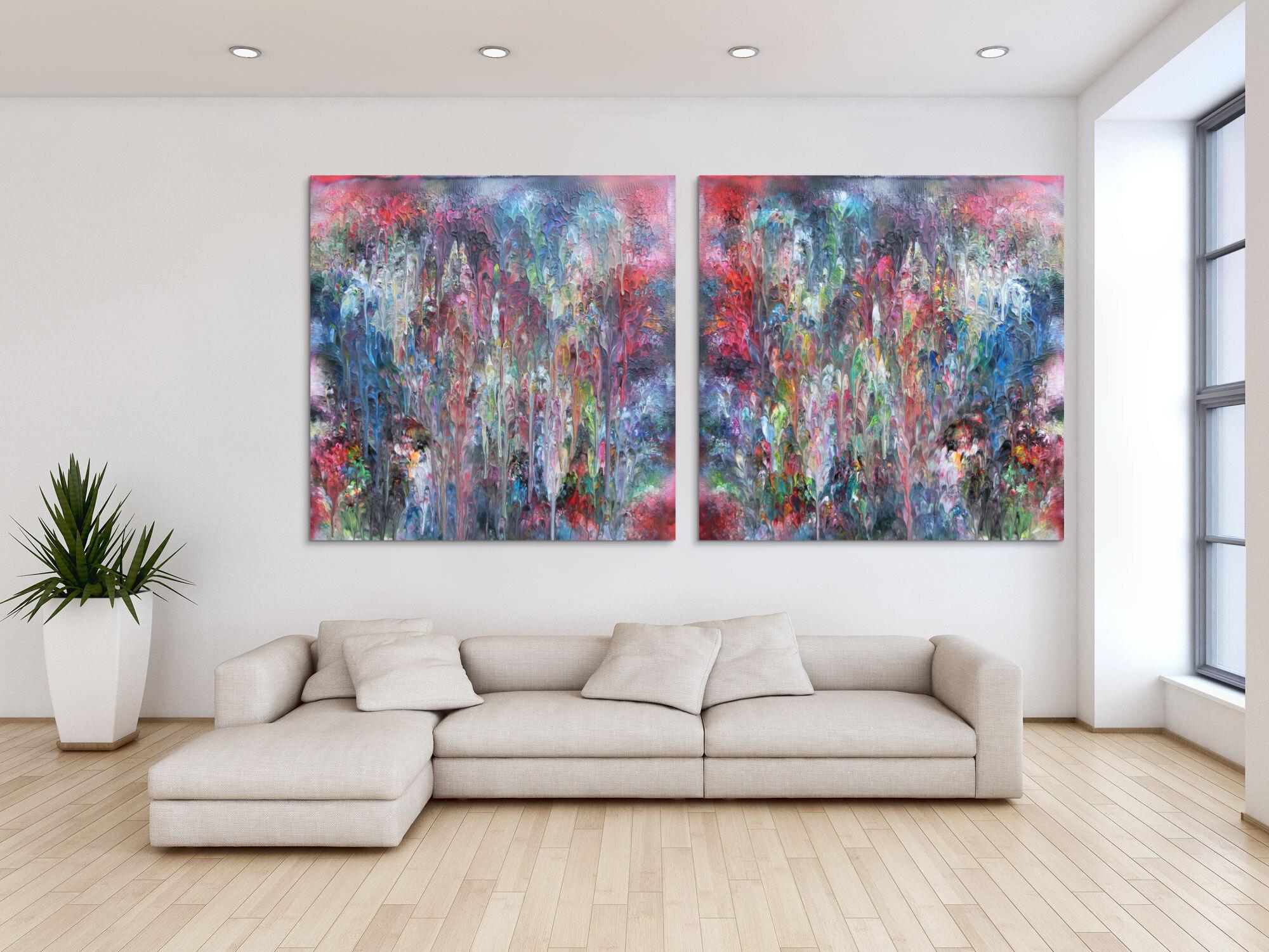 Abstraktes Acrylbild Diptychon bunt sehr modern in Fließtechnmit mit hellen Pastellfarben