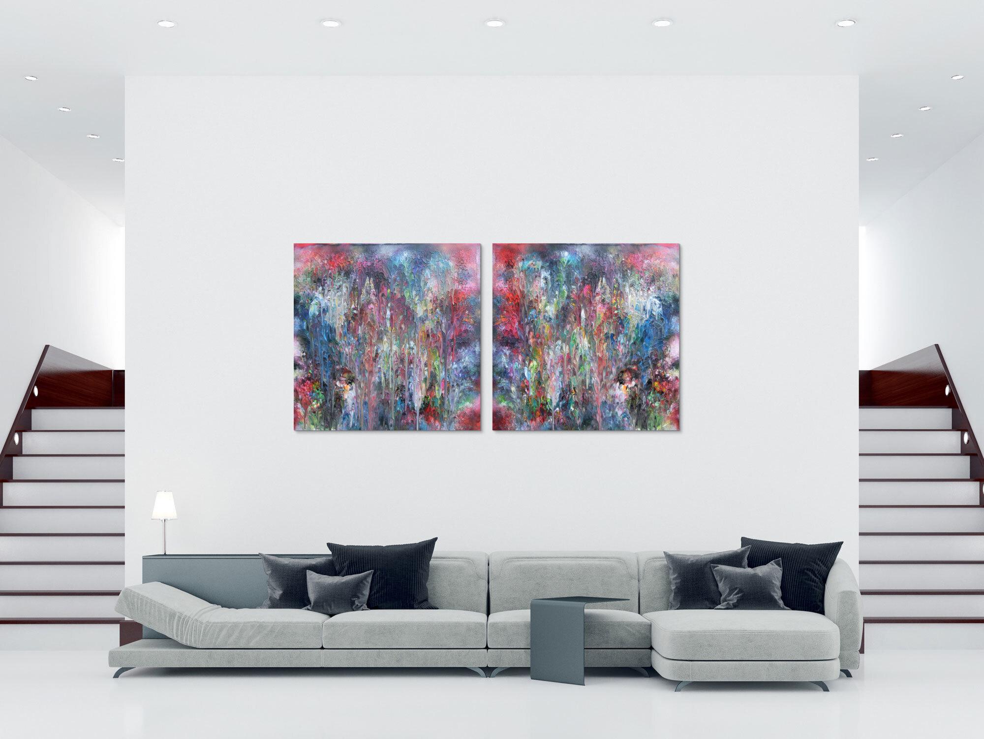 Abstraktes Acrylbild Diptychon bunt sehr modern in Fließtechnmit mit hellen Pastellfarben