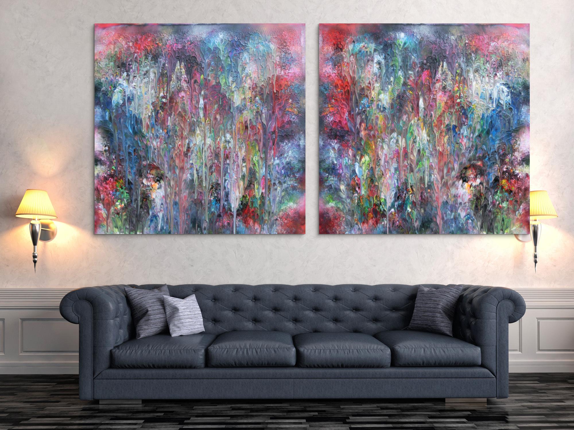 Abstraktes Acrylbild Diptychon bunt sehr modern in Fließtechnmit mit hellen Pastellfarben