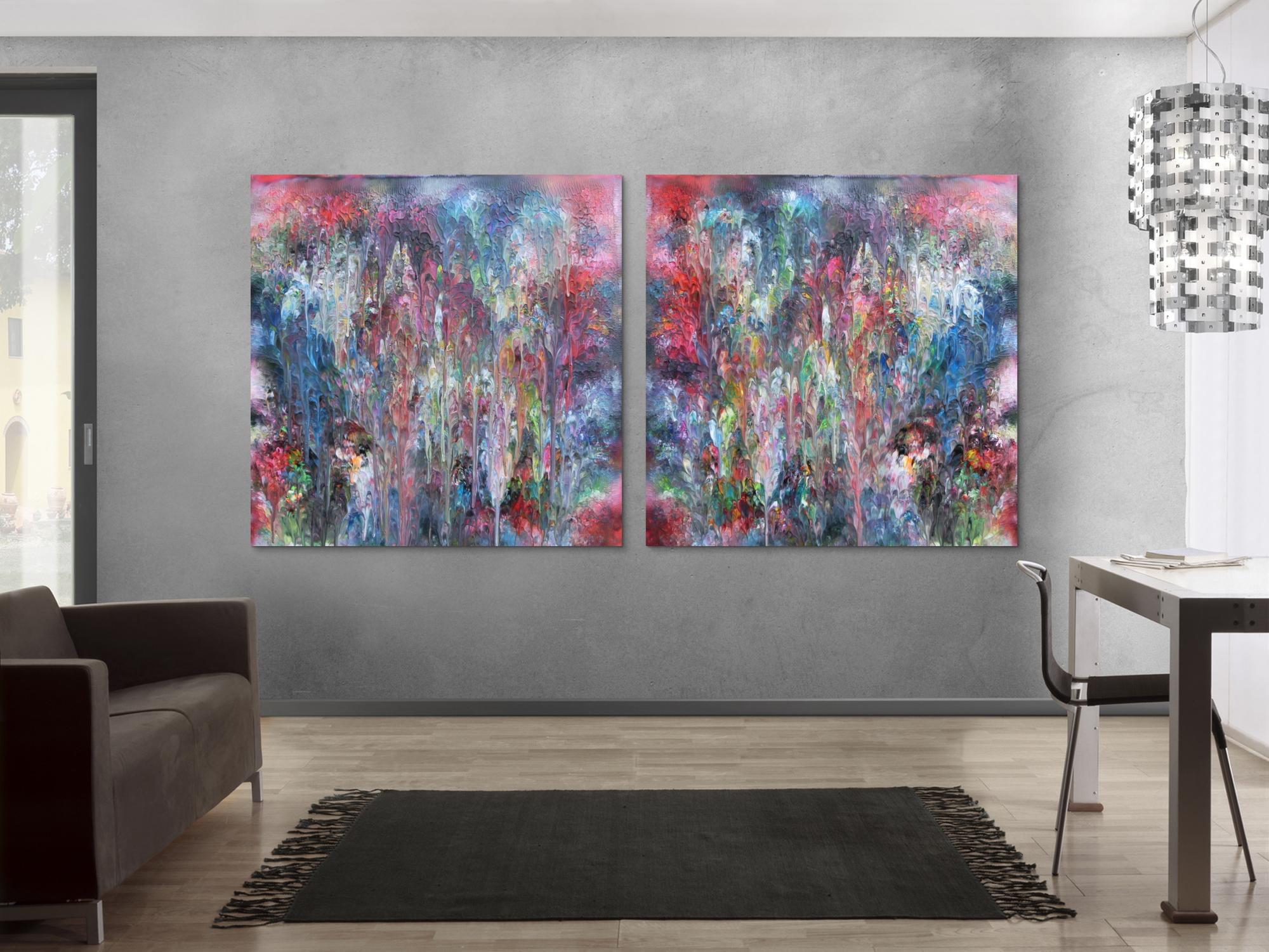 Abstraktes Acrylbild Diptychon bunt sehr modern in Fließtechnmit mit hellen Pastellfarben