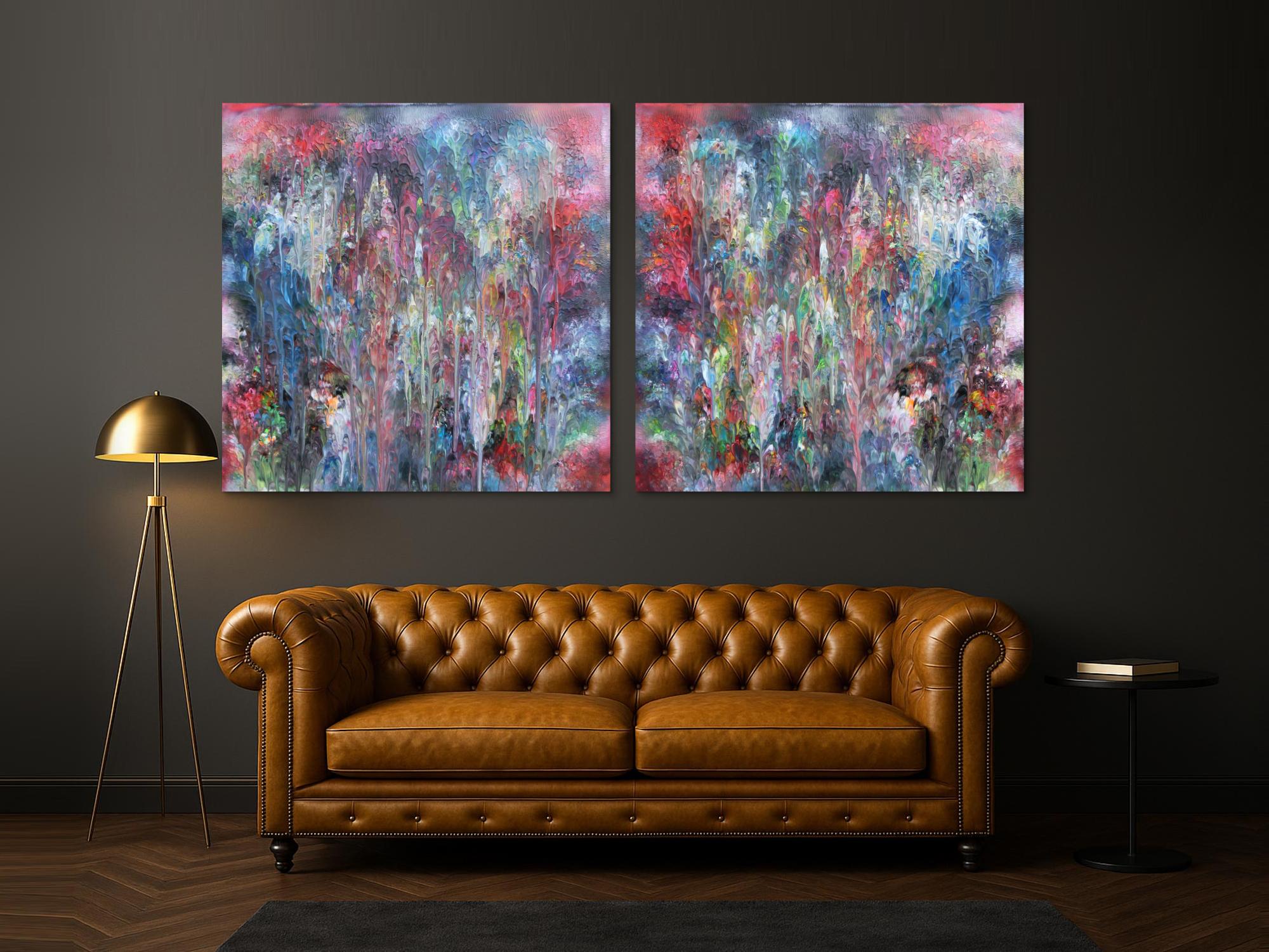 Abstraktes Acrylbild Diptychon bunt sehr modern in Fließtechnmit mit hellen Pastellfarben