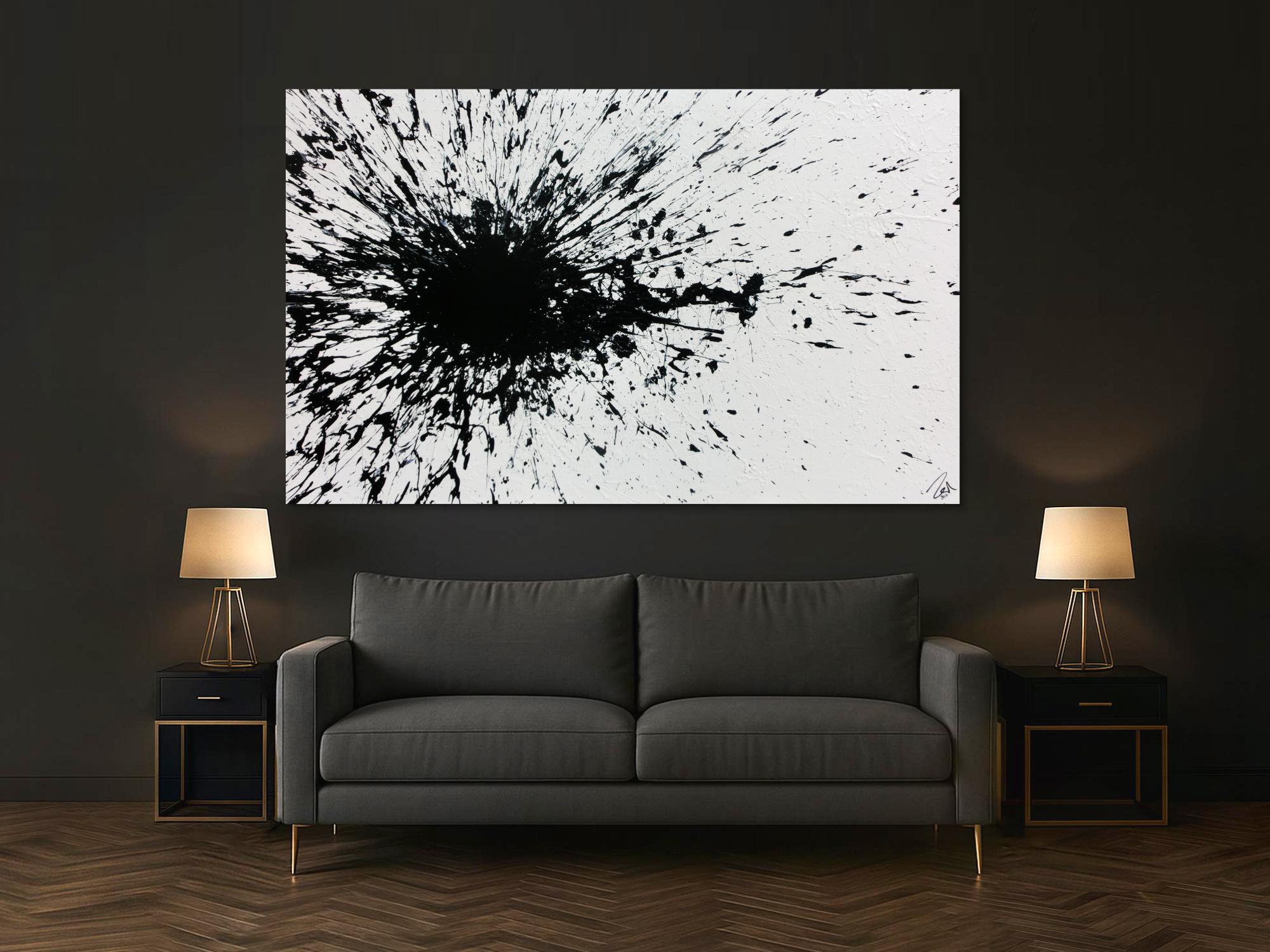 Abstraktes Acrylbild minimalistisch Actionpainting Splash Art schwarz weiß