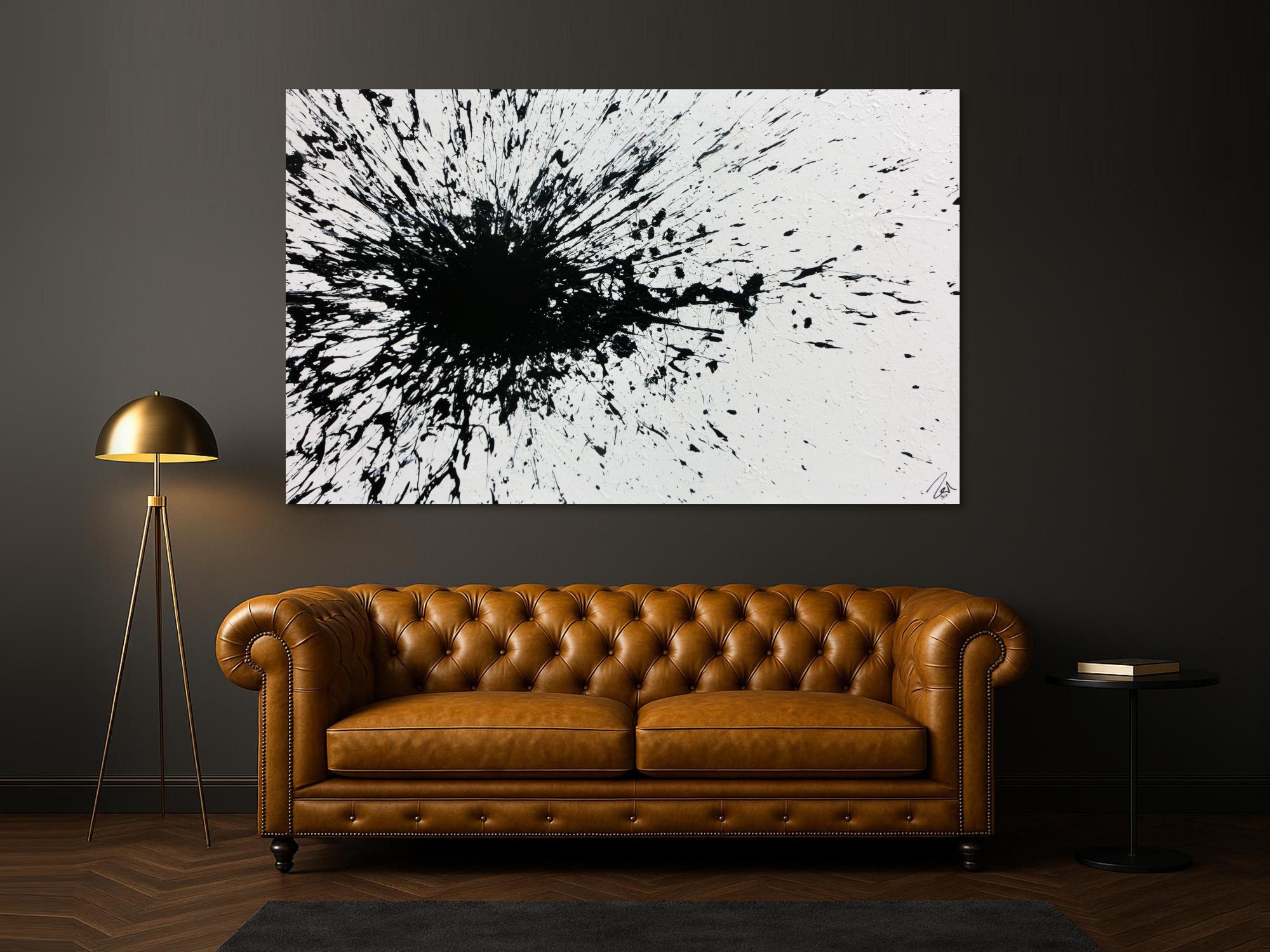 Abstraktes Acrylbild minimalistisch Actionpainting Splash Art schwarz weiß