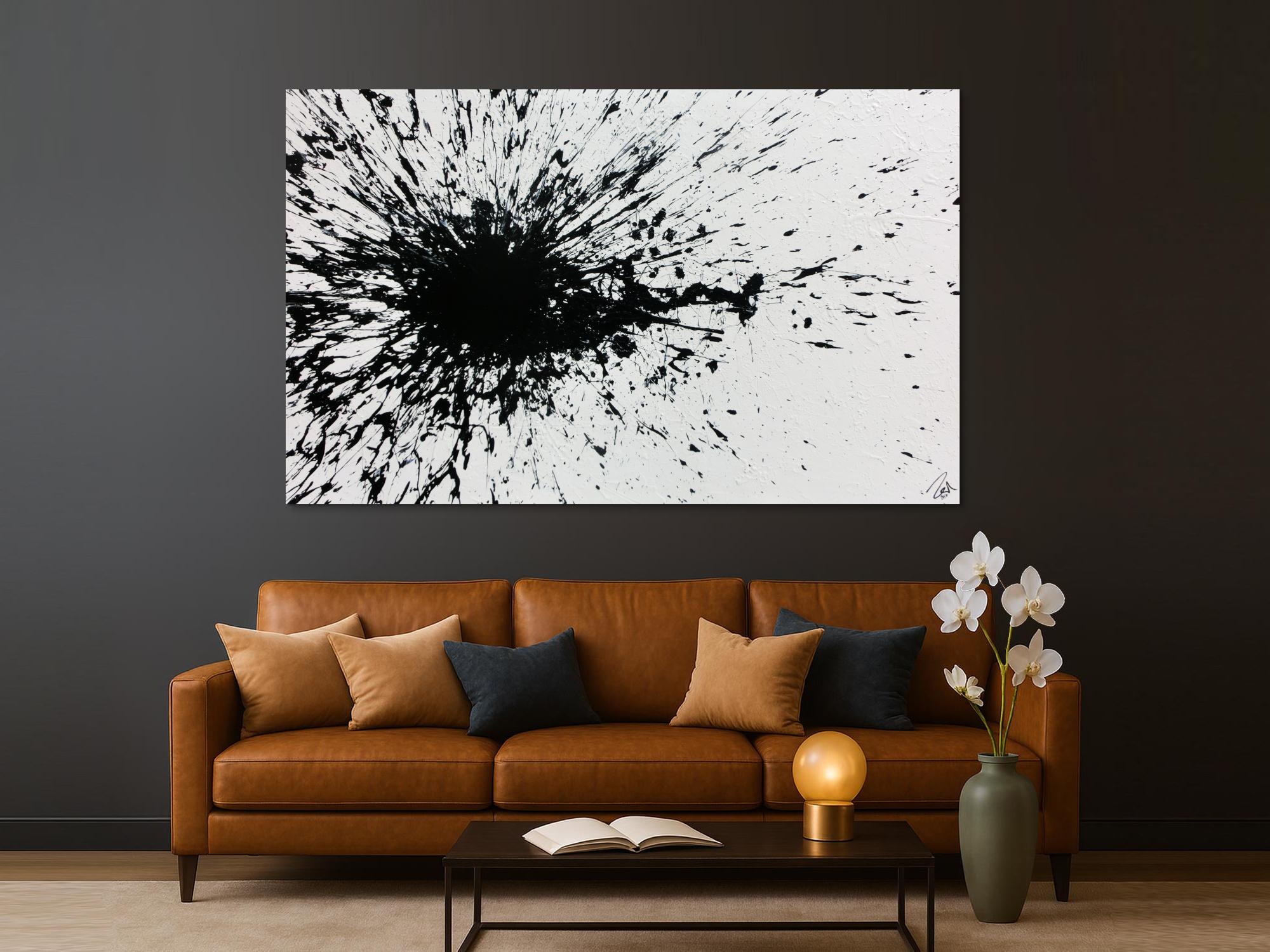 Abstraktes Acrylbild minimalistisch Actionpainting Splash Art schwarz weiß