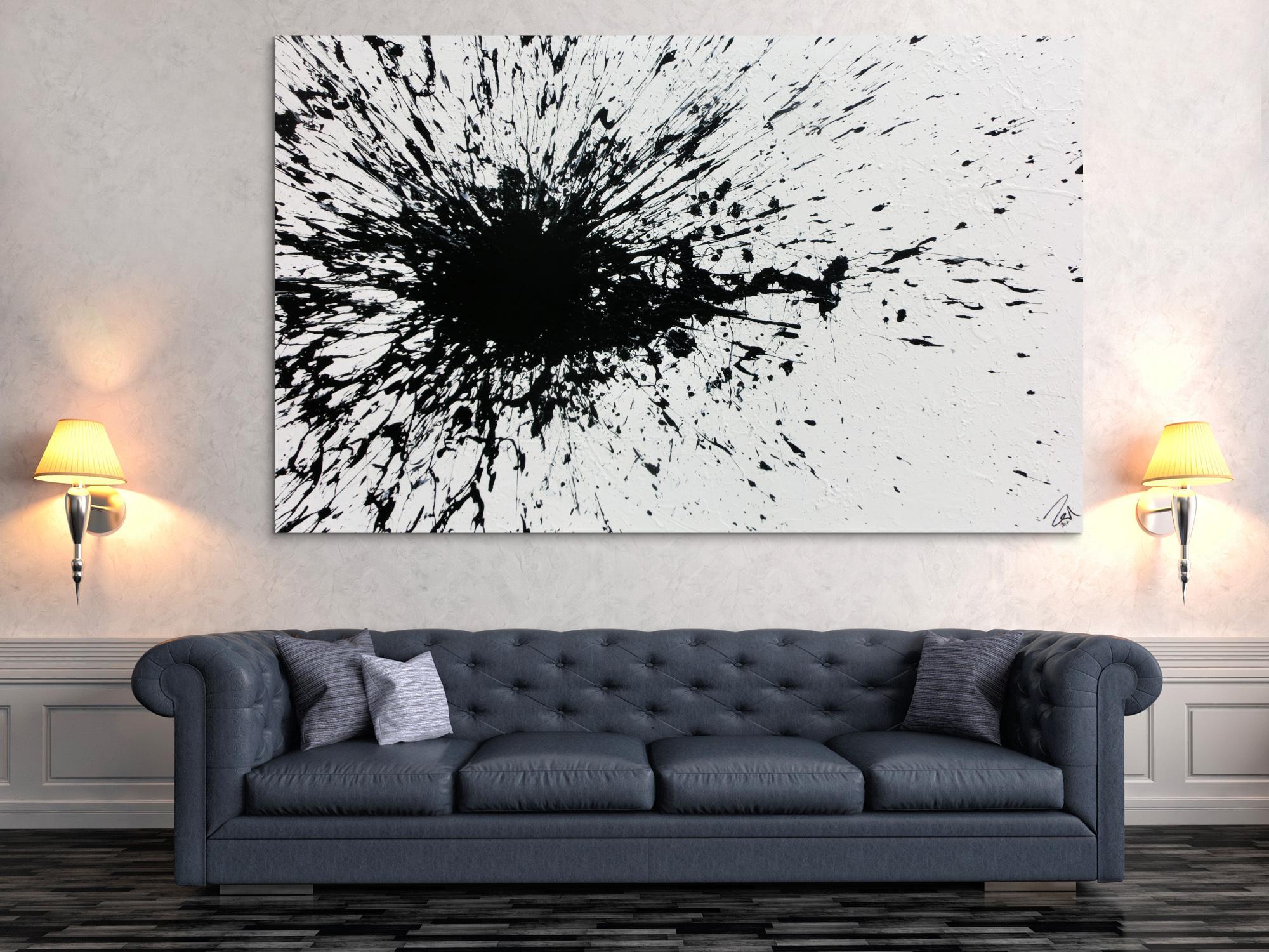 Abstraktes Acrylbild minimalistisch Actionpainting Splash Art schwarz weiß