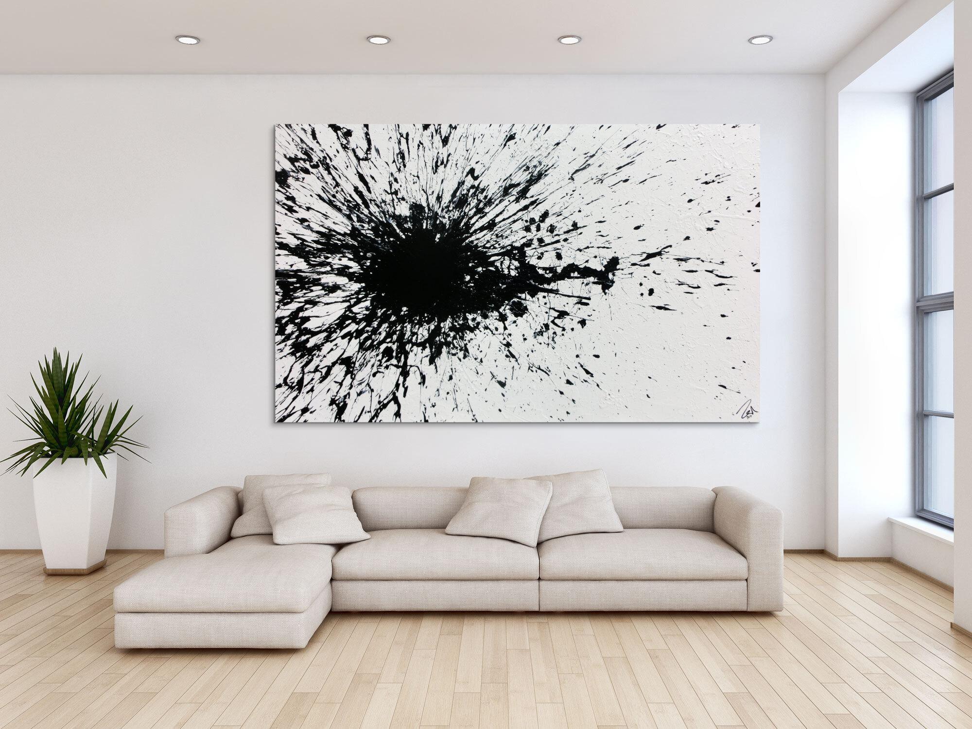 Abstraktes Acrylbild minimalistisch Actionpainting Splash Art schwarz weiß