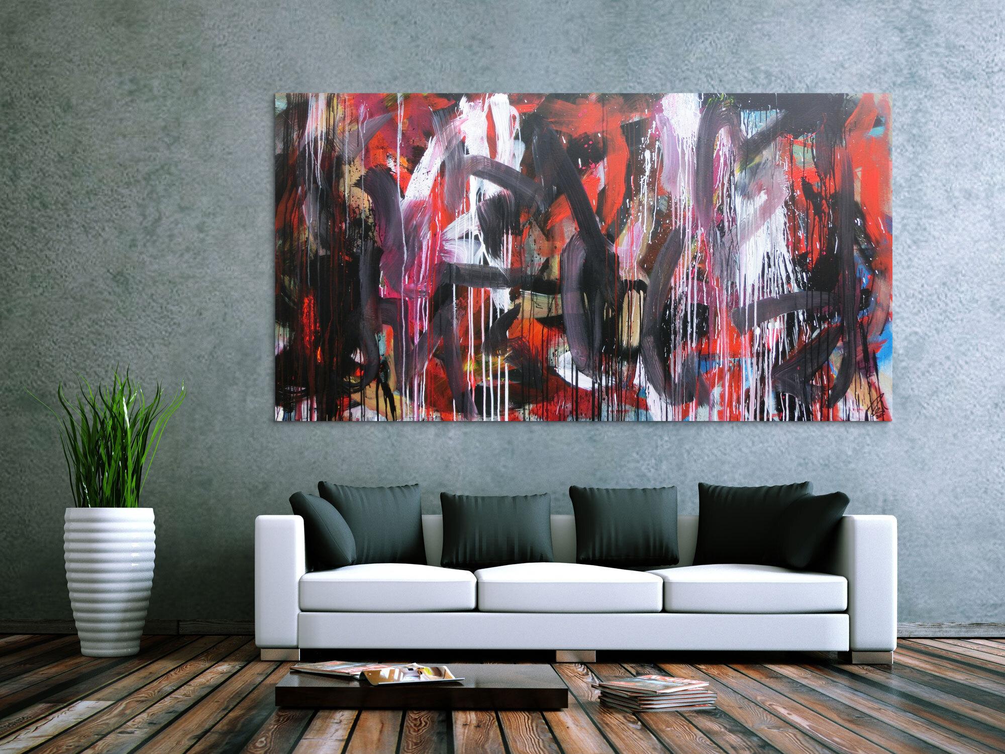 Abstraktes Gemälde sehr modernes Acrylbild Mischtechnik in rot schwarz weiß