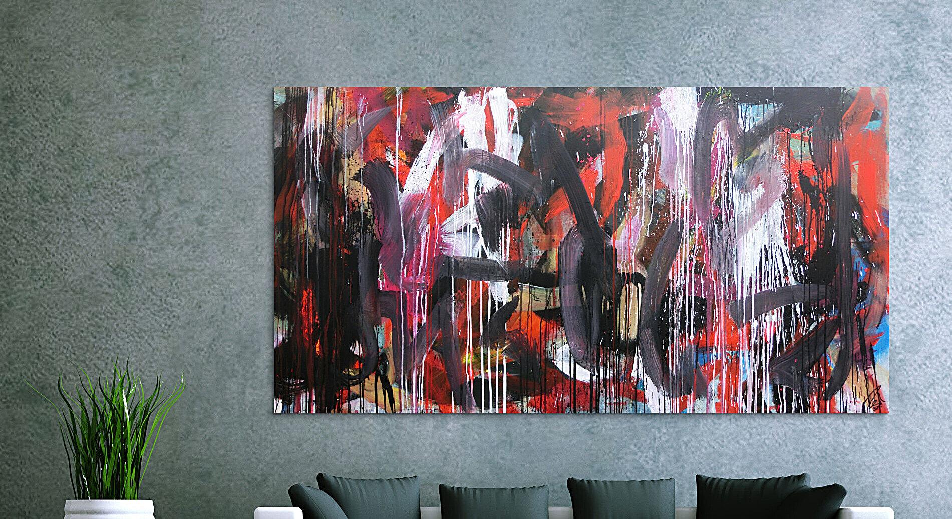 Abstraktes Gemälde sehr modernes Acrylbild Mischtechnik in rot schwarz weiß