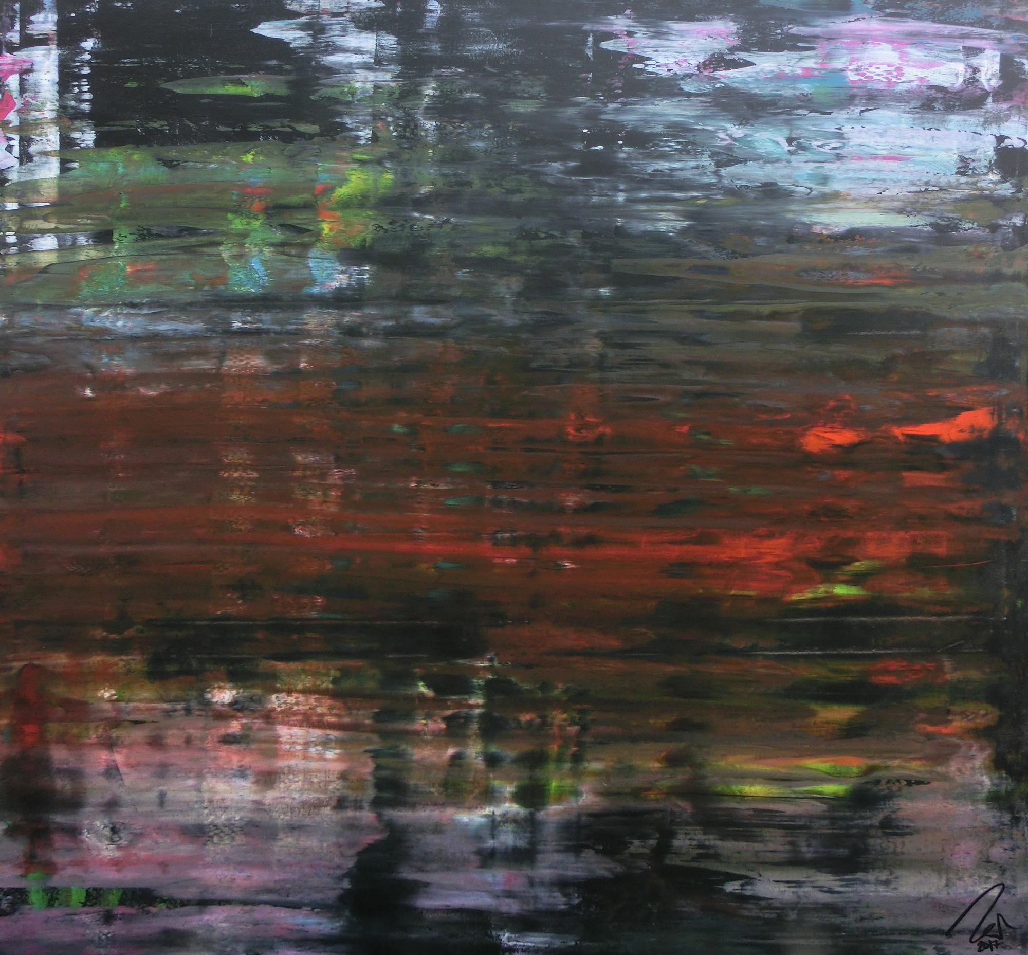 Modernes dunkels abstraktes Acrylbild in Spachteltechnik sehr modern in dunkel und bunt