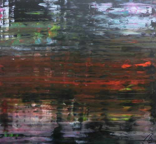 Modernes dunkels abstraktes Acrylbild in Spachteltechnik sehr modern in dunkel und bunt