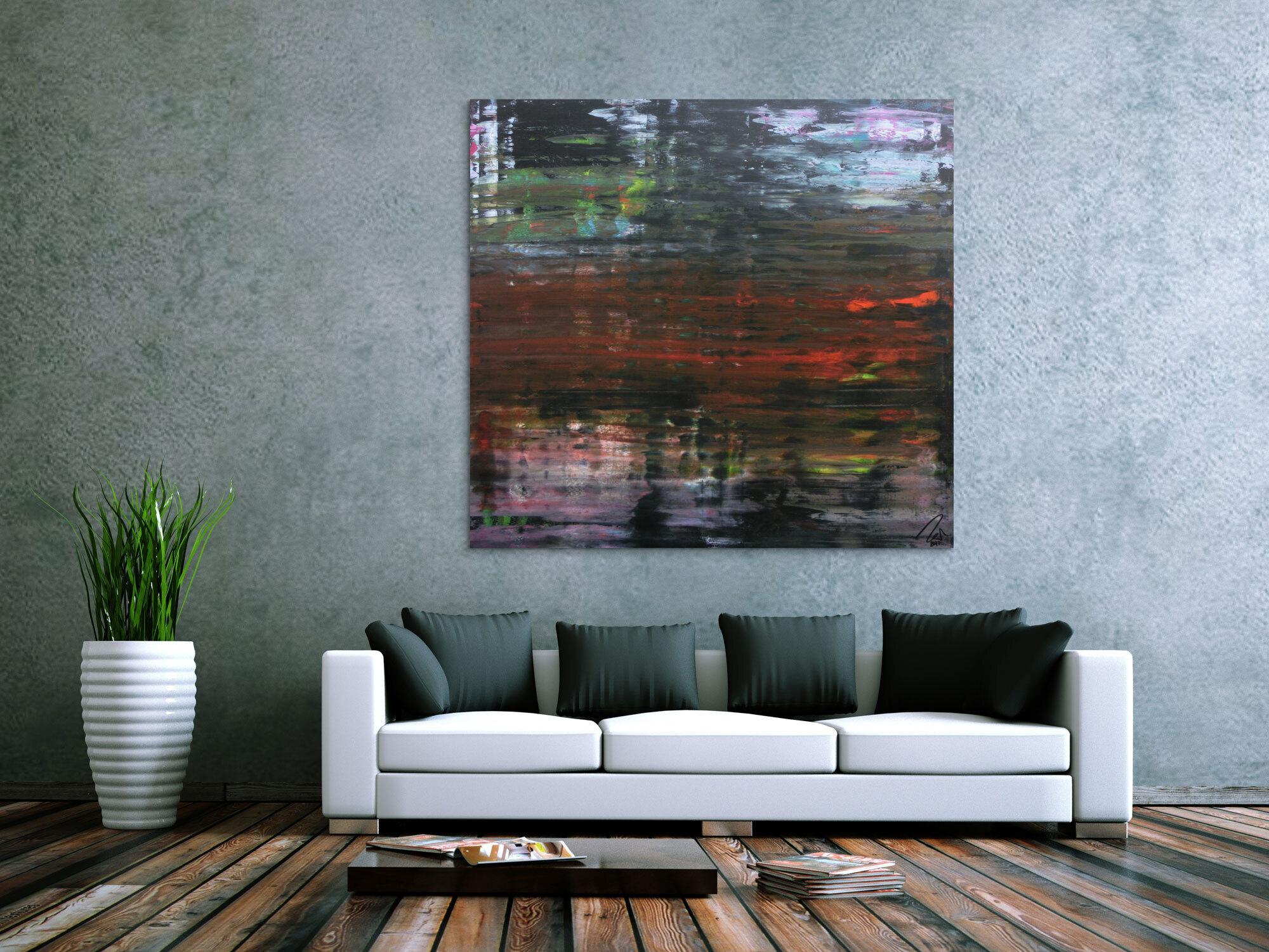 Modernes dunkels abstraktes Acrylbild in Spachteltechnik sehr modern in dunkel und bunt