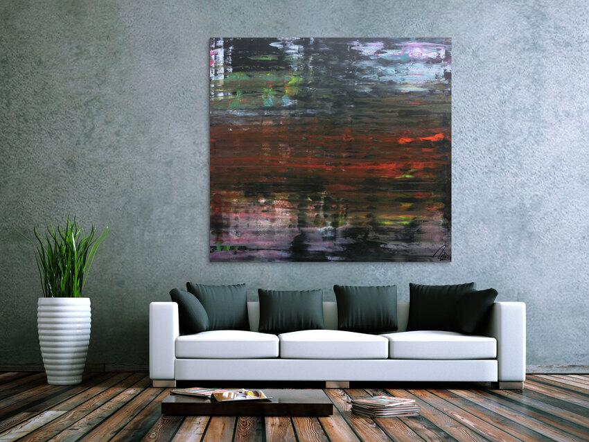 Modernes dunkels abstraktes Acrylbild in Spachteltechnik sehr modern in dunkel und bunt