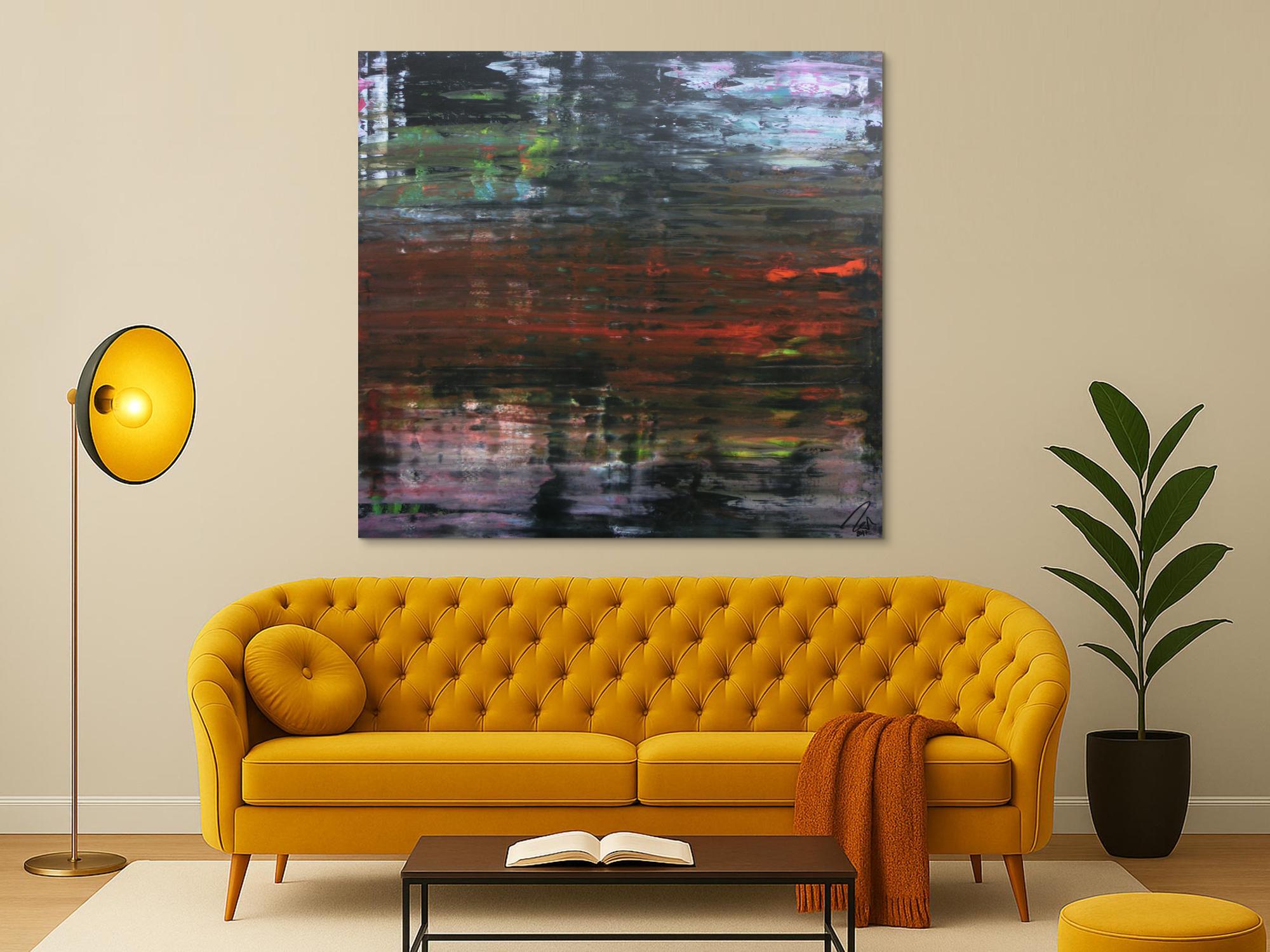 Modernes dunkels abstraktes Acrylbild in Spachteltechnik sehr modern in dunkel und bunt