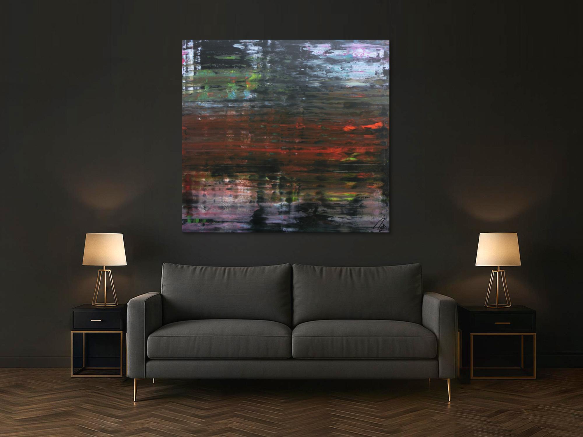 Modernes dunkels abstraktes Acrylbild in Spachteltechnik sehr modern in dunkel und bunt