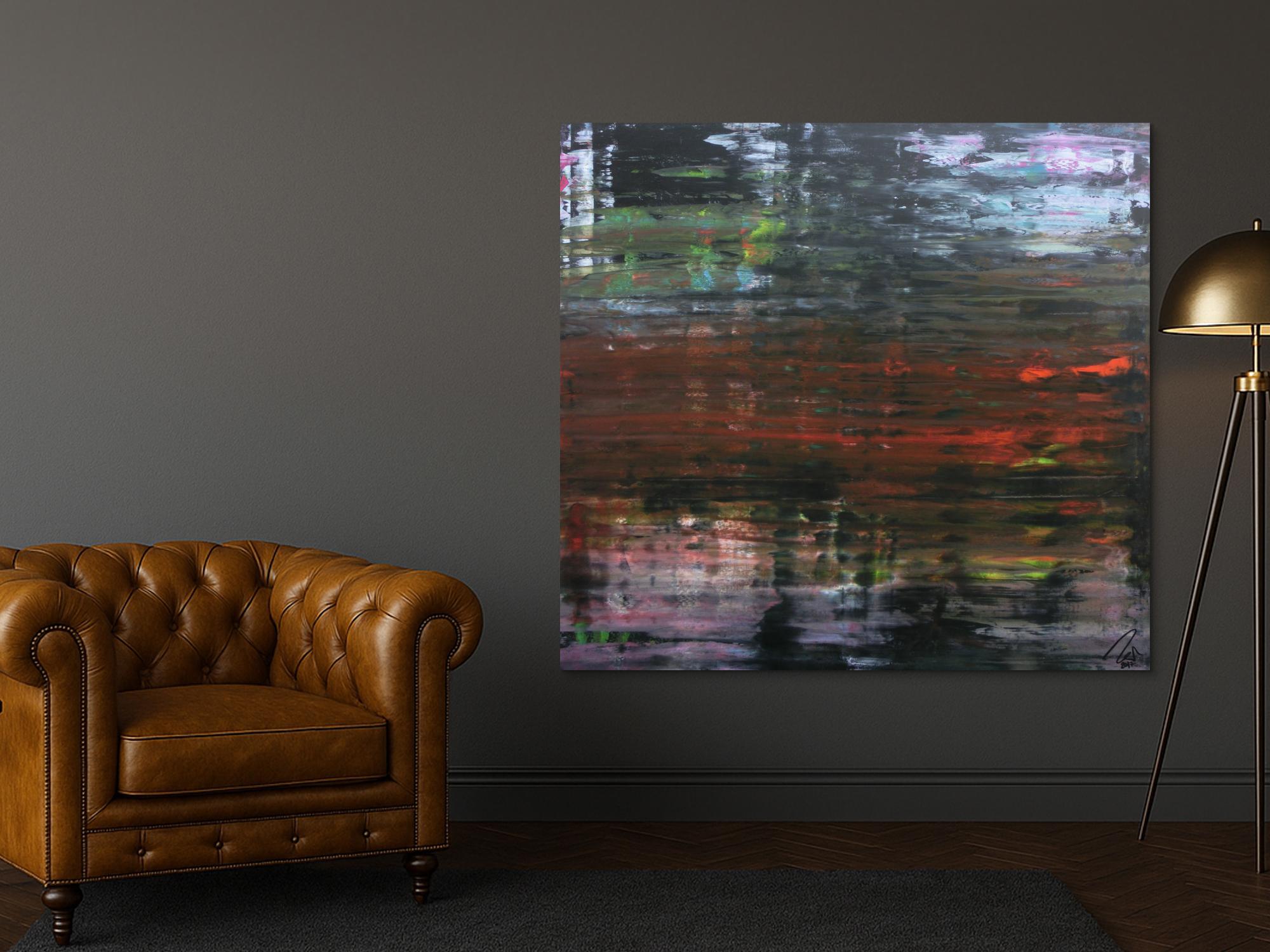 Modernes dunkels abstraktes Acrylbild in Spachteltechnik sehr modern in dunkel und bunt