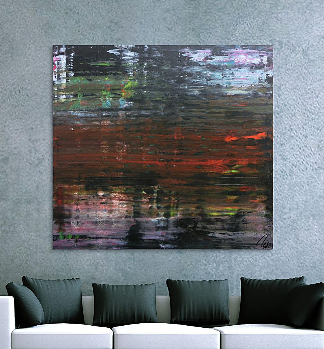 Modernes dunkels abstraktes Acrylbild in Spachteltechnik sehr modern in dunkel und bunt
