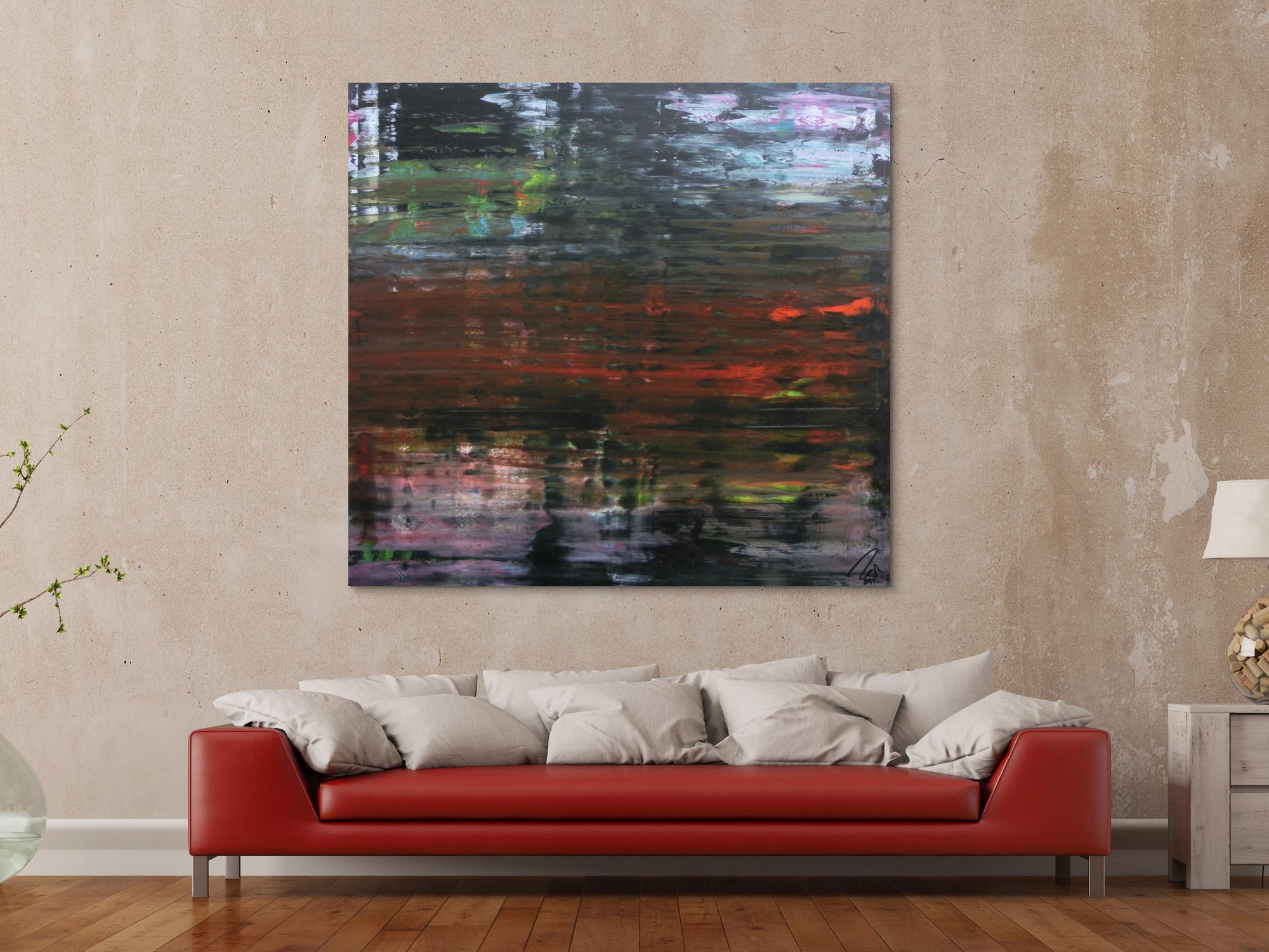 Modernes dunkels abstraktes Acrylbild in Spachteltechnik sehr modern in dunkel und bunt