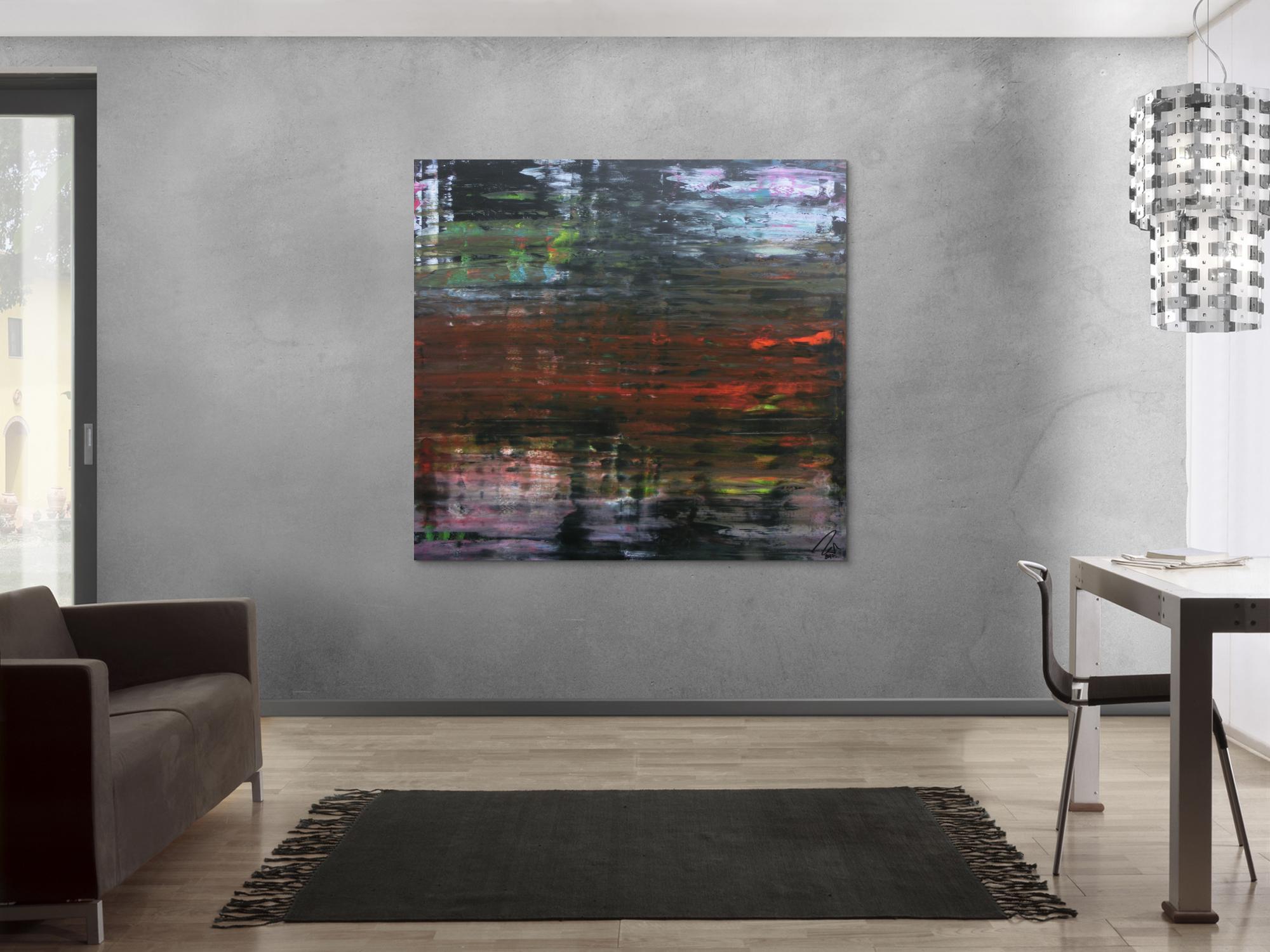 Modernes dunkels abstraktes Acrylbild in Spachteltechnik sehr modern in dunkel und bunt